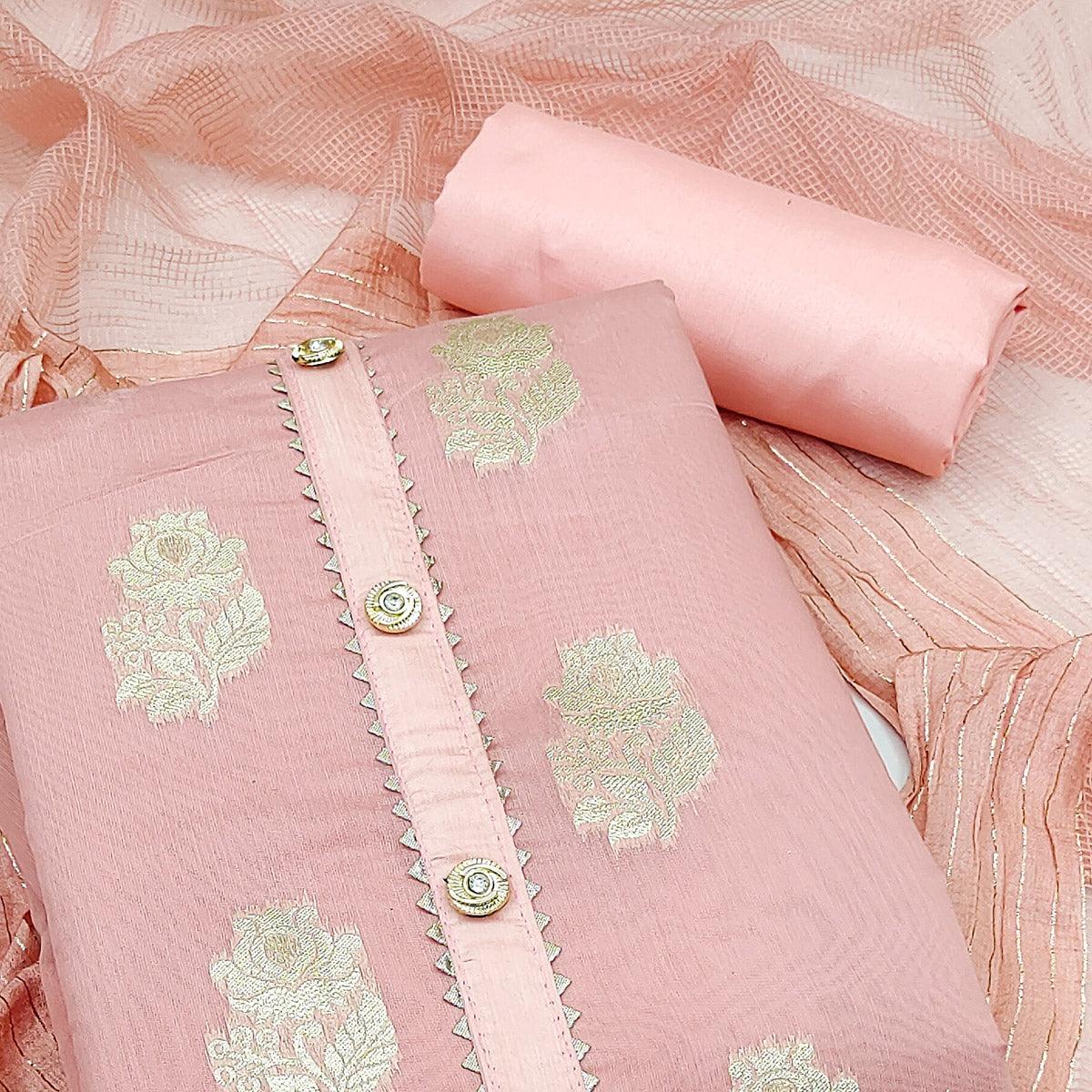 Pink Woven Banarasi Silk Dress Material - Peachmode
