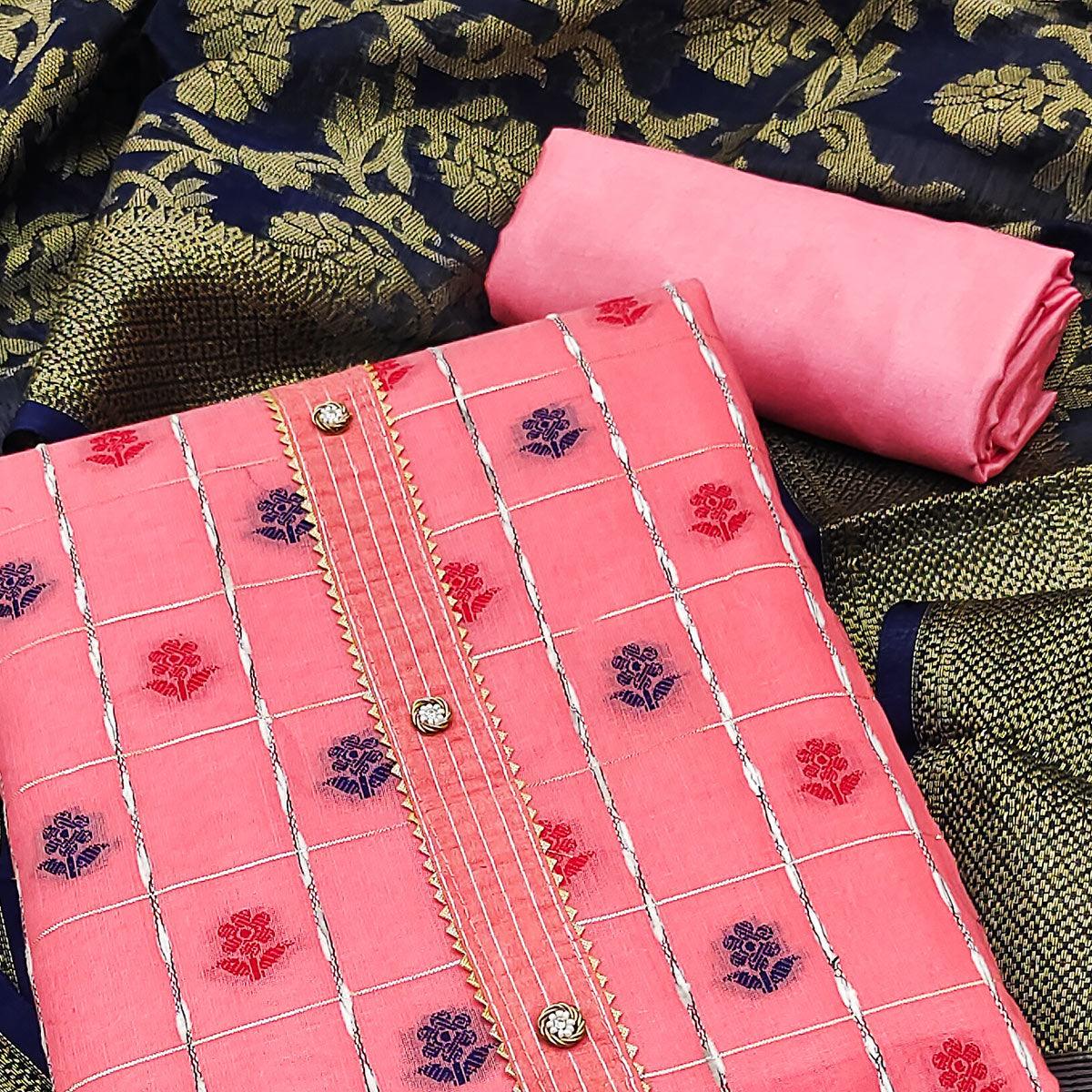 Pink Woven Banarasi Silk Dress Material - Peachmode