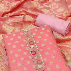 Pink Woven Banarasi Silk Dress Material - Peachmode