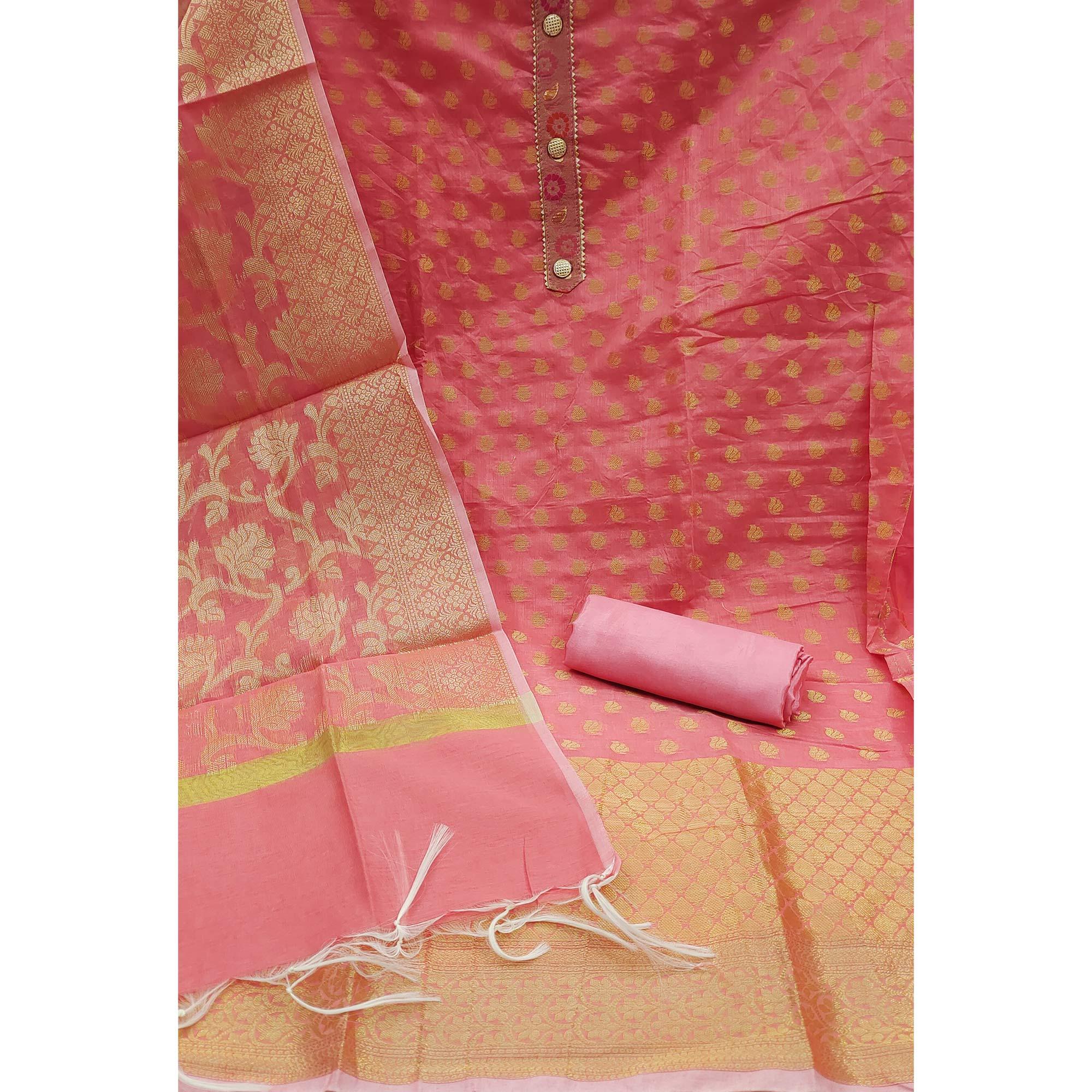 Pink Woven Banarasi Silk Dress Material - Peachmode