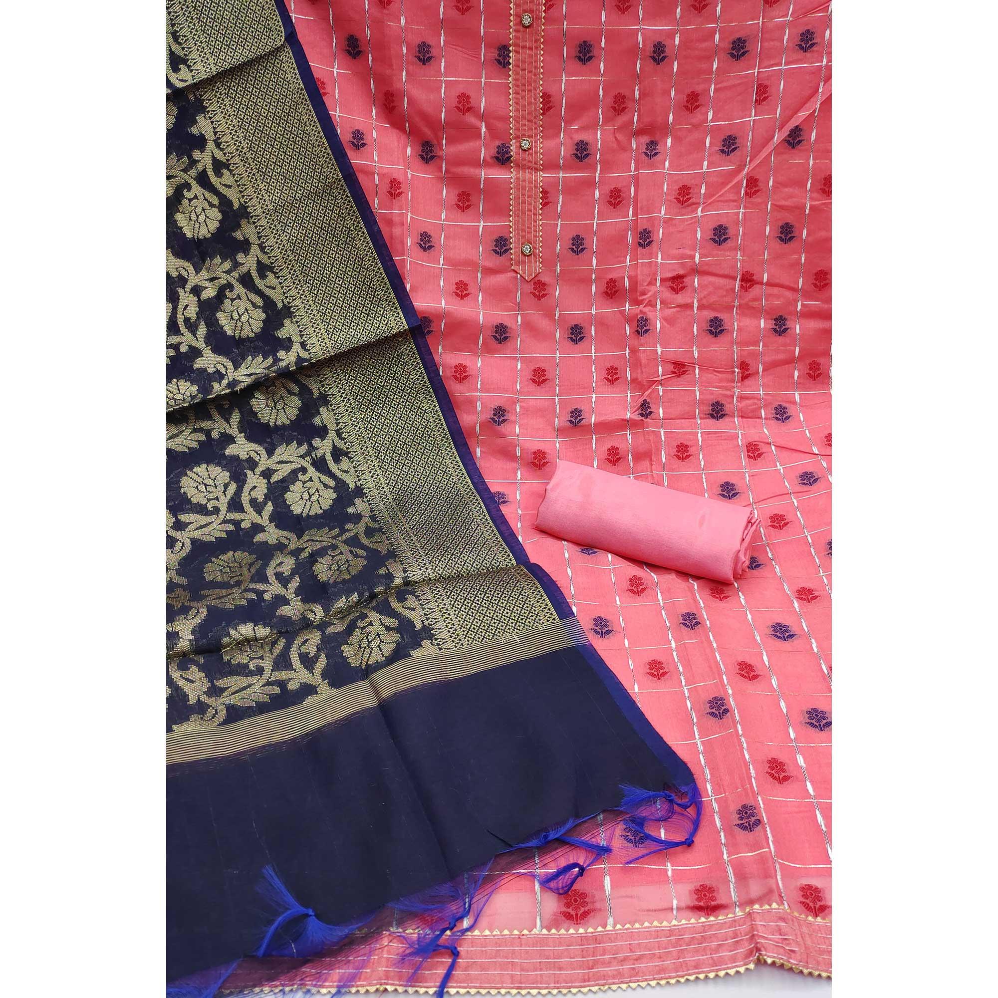 Pink Woven Banarasi Silk Dress Material - Peachmode