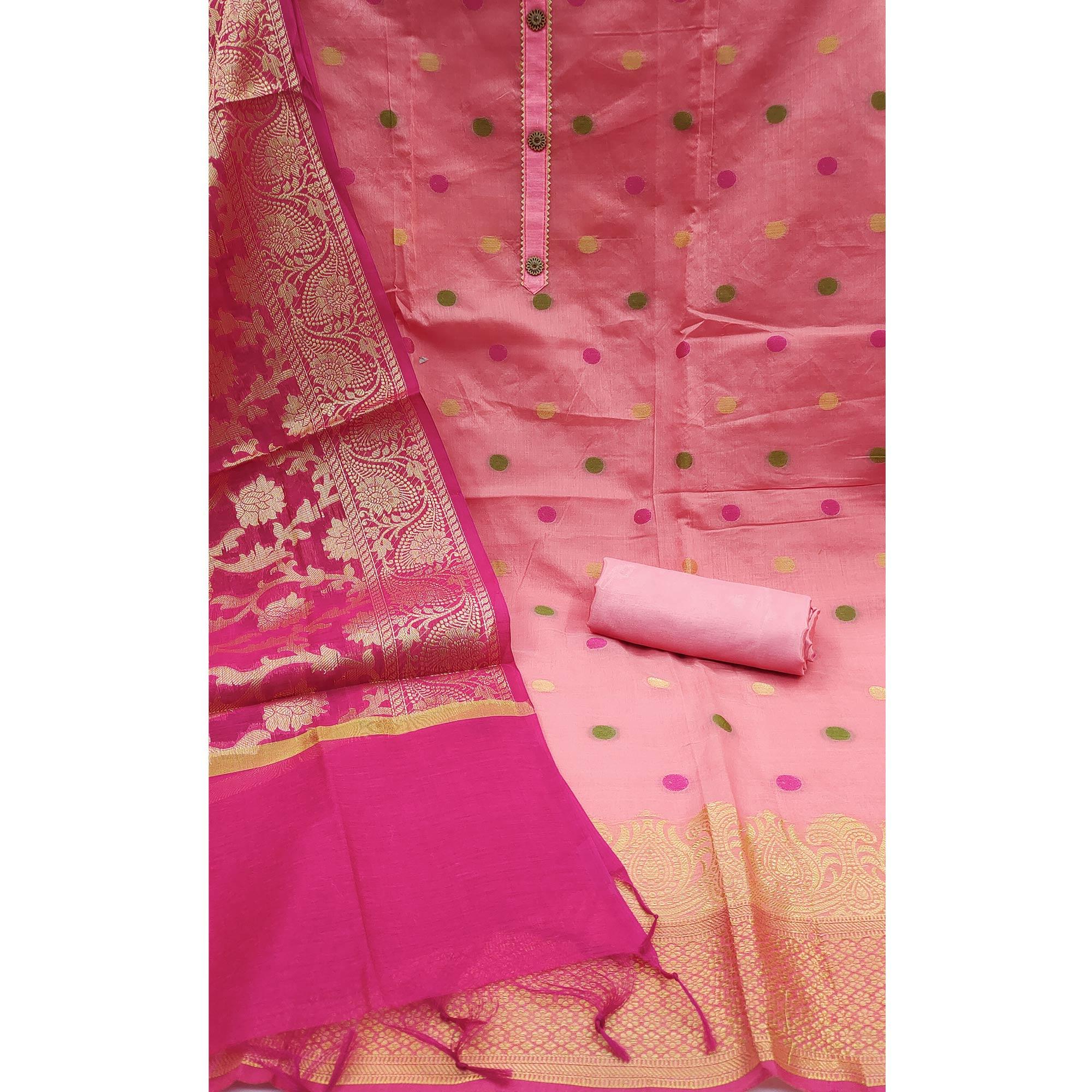 Pink Woven Banarasi Silk Dress Material - Peachmode