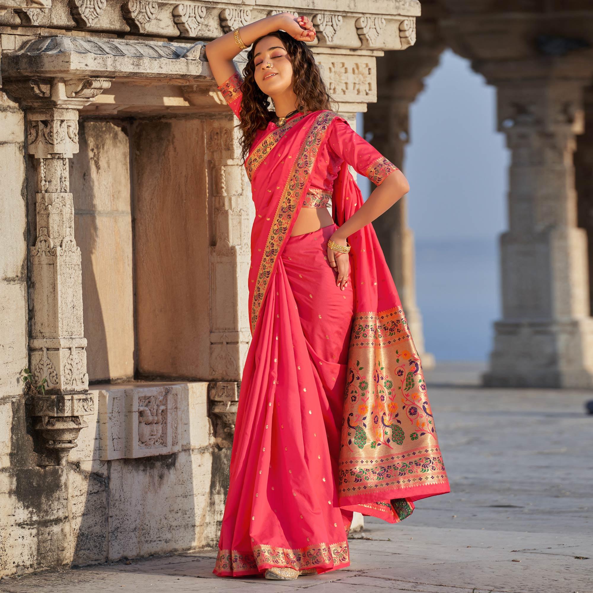 Pink Woven Banarasi Silk Paithani Saree - Peachmode