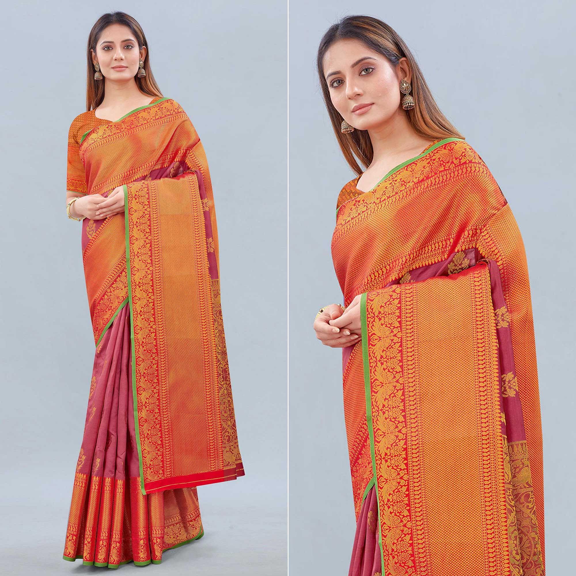 Pink Woven Banarasi Silk Saree - Peachmode