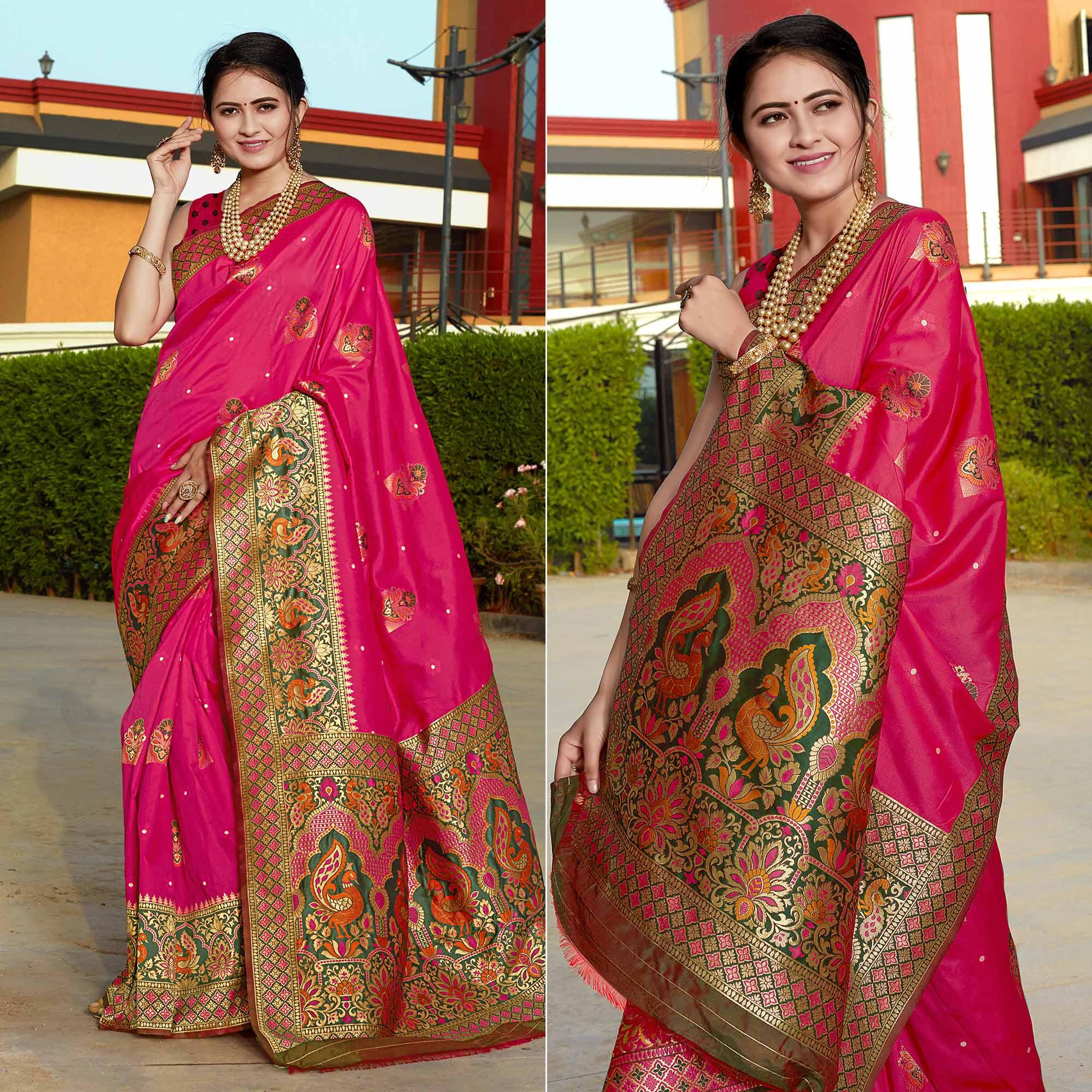 Pink Woven Banarasi Silk Saree - Peachmode