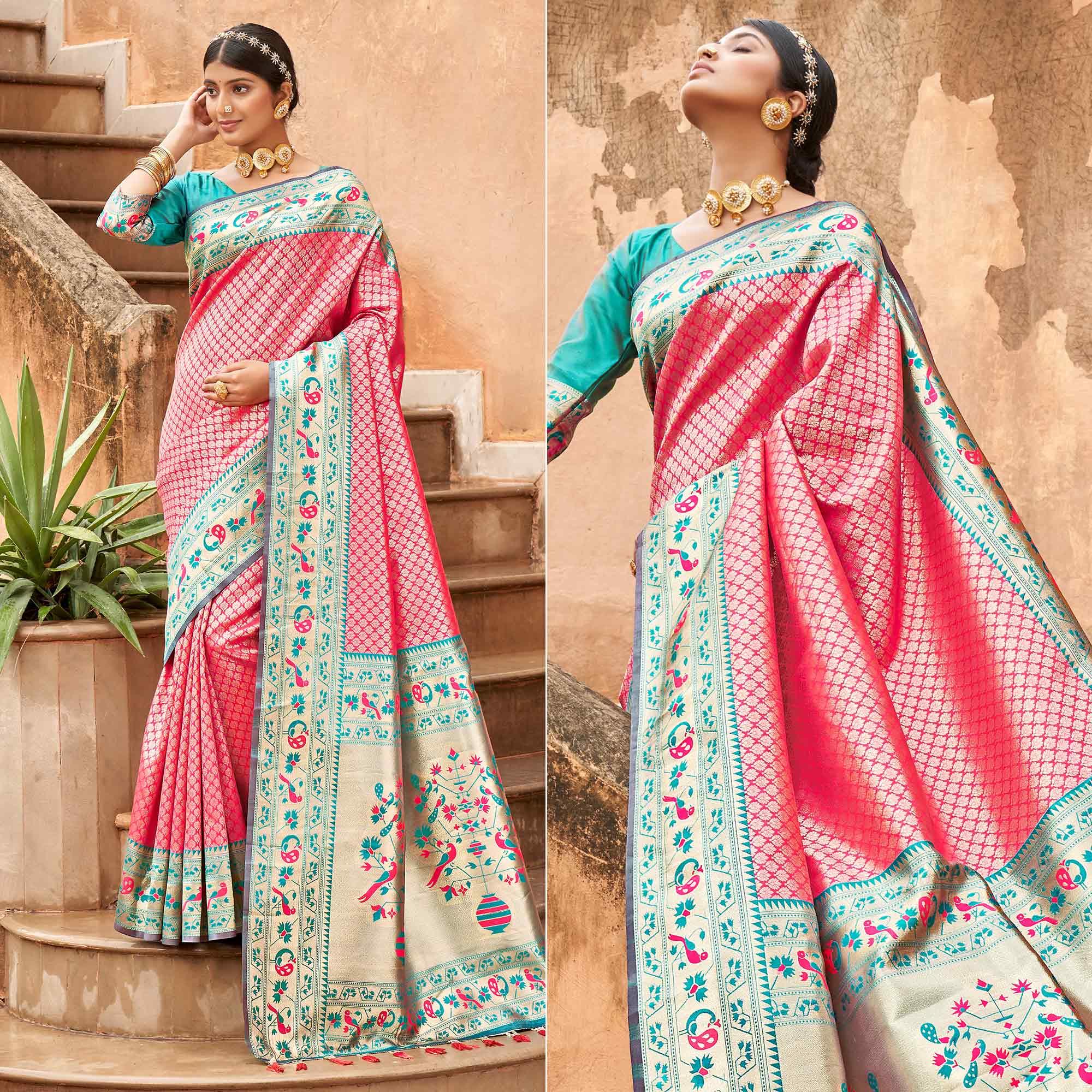 Pink Woven Banarasi Silk Saree - Peachmode
