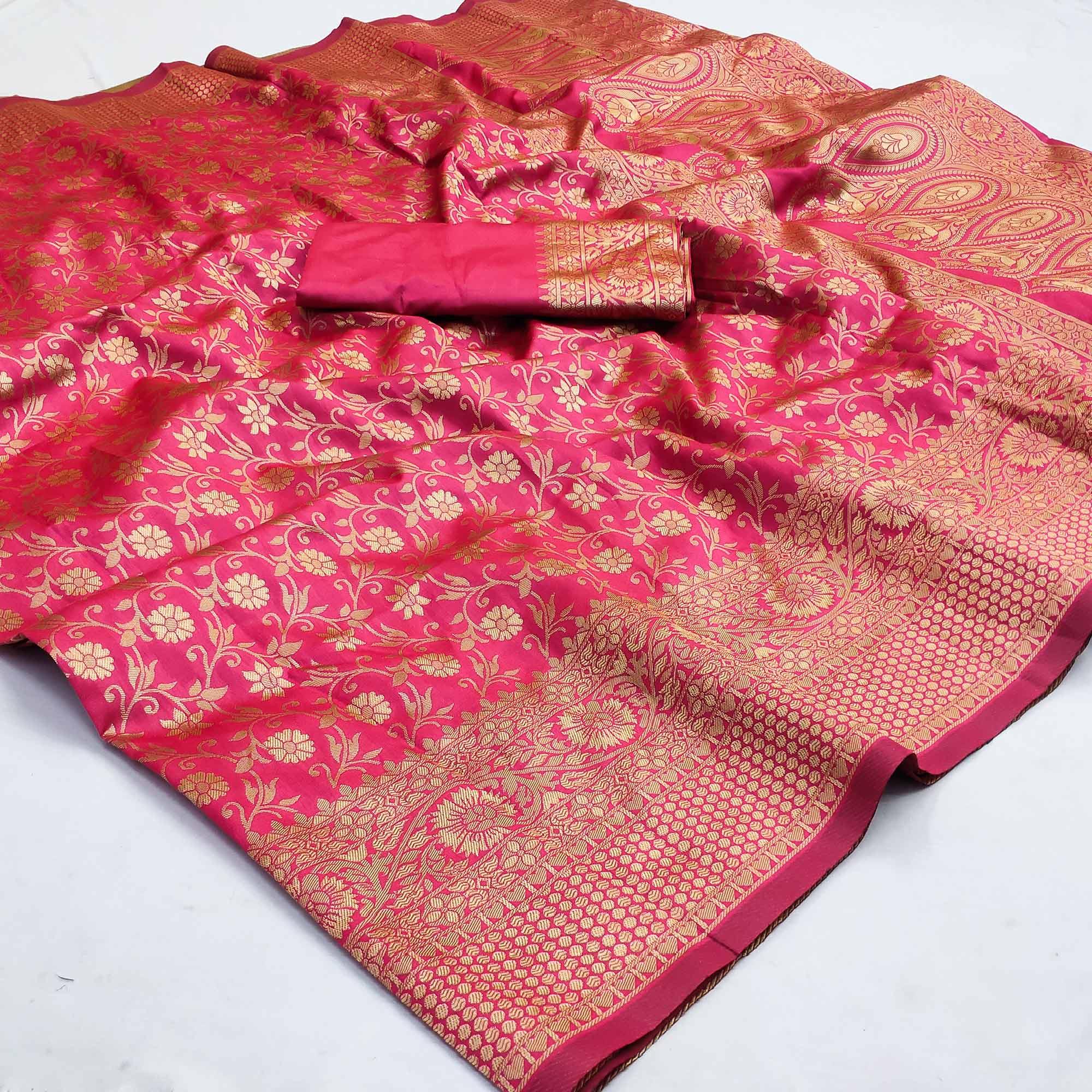 Pink Woven Banarasi Silk Saree - Peachmode