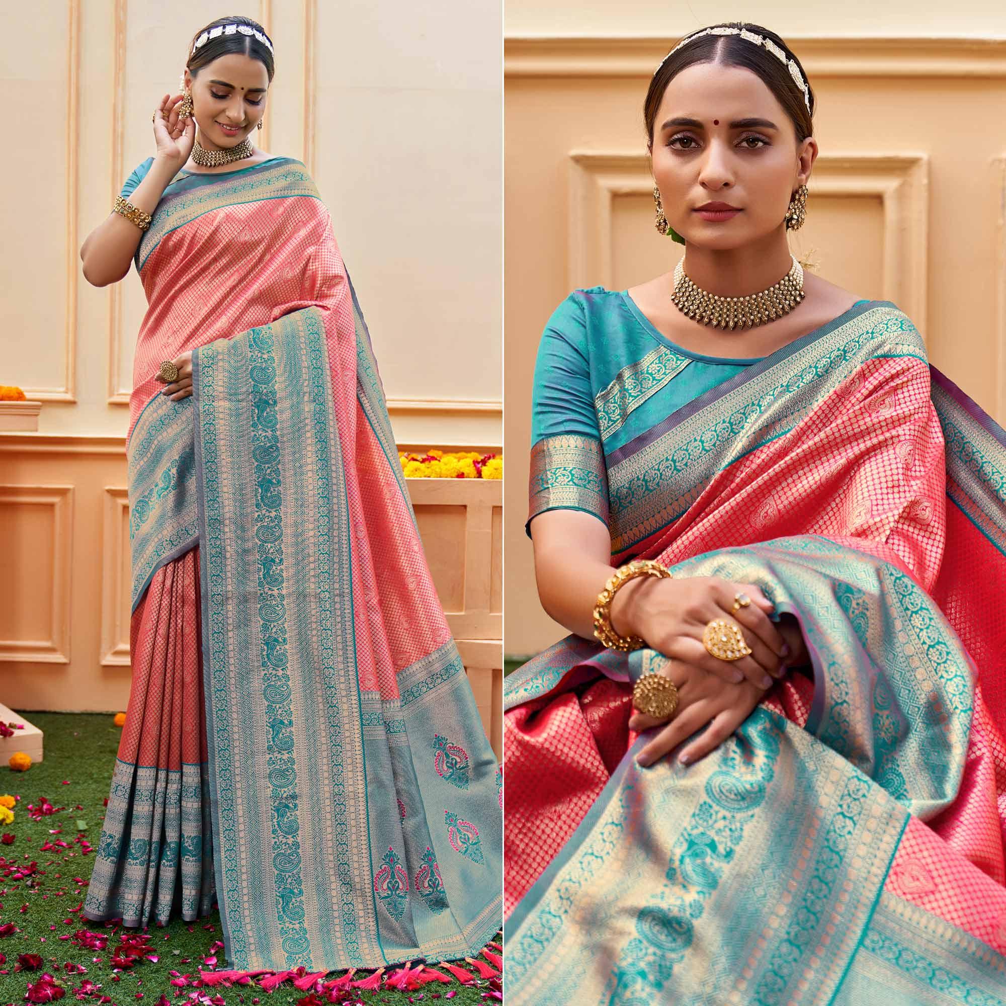 Pink Woven Banarasi Silk Saree - Peachmode