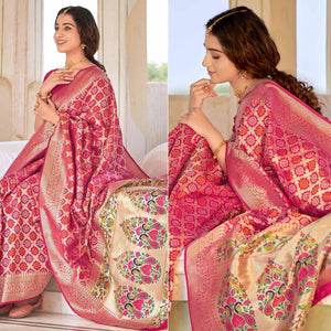 Pink Woven Banarasi Silk Saree - Peachmode