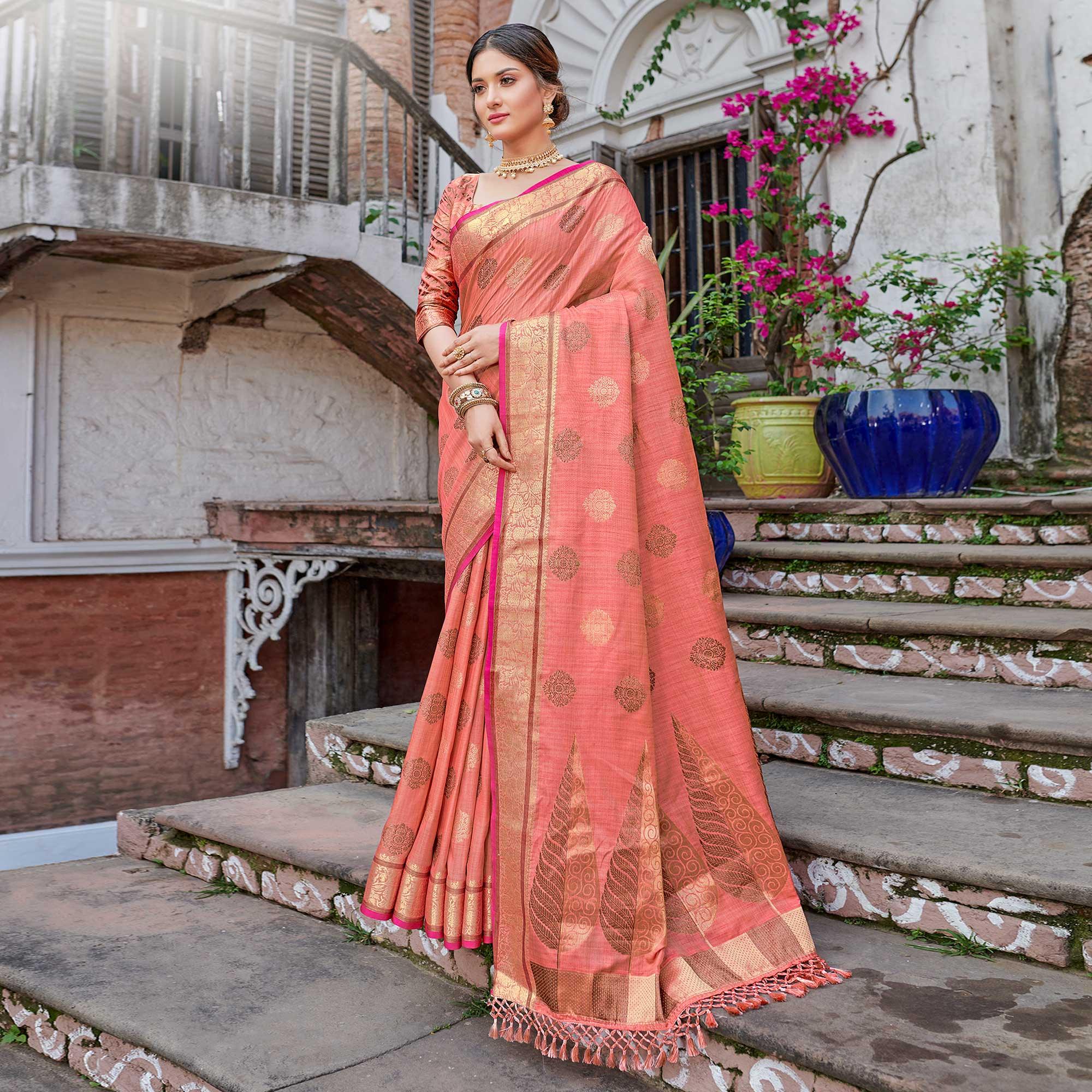 Pink Woven Banarasi Silk Saree - Peachmode