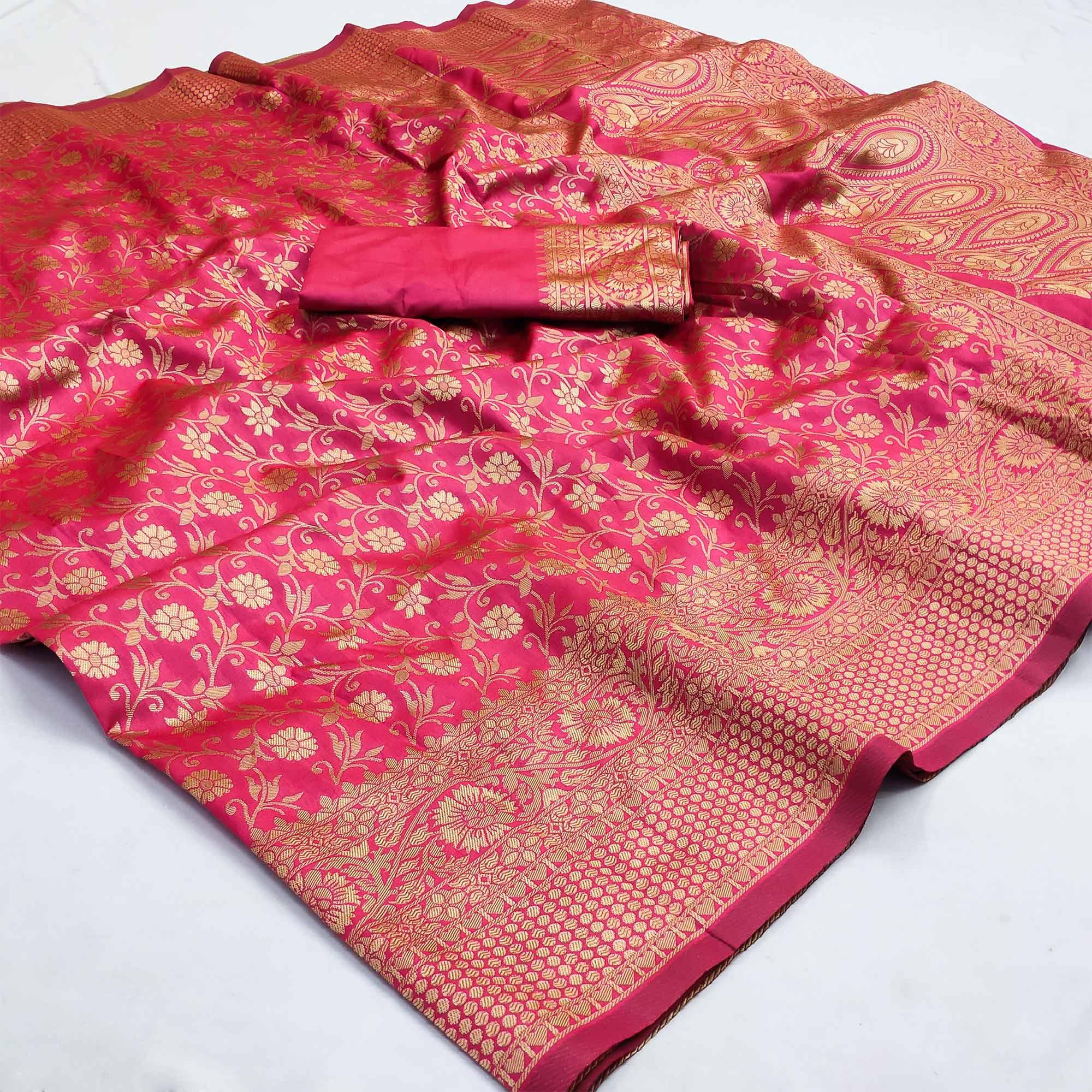 Pink Woven Banarasi Silk Saree - Peachmode