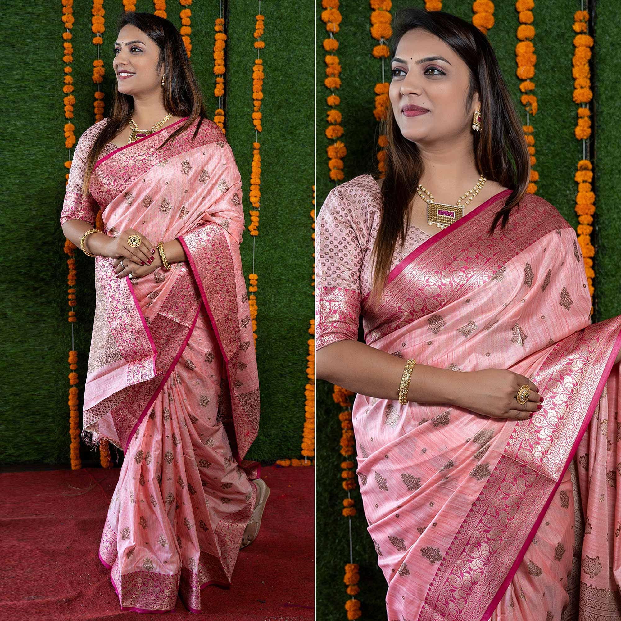 Pink Woven Banarasi Silk Saree - Peachmode