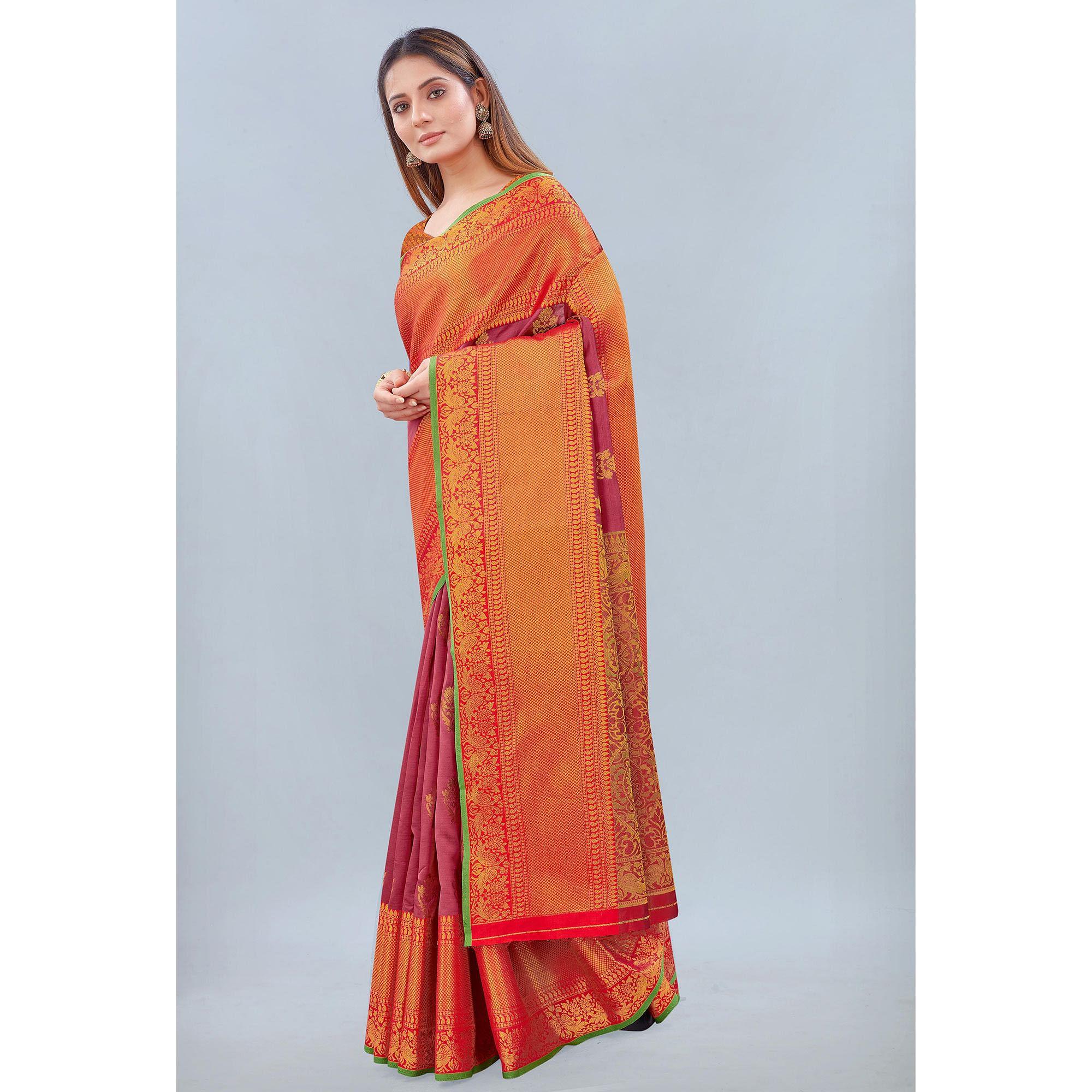 Pink Woven Banarasi Silk Saree - Peachmode