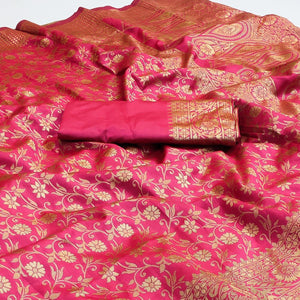 Pink Woven Banarasi Silk Saree - Peachmode