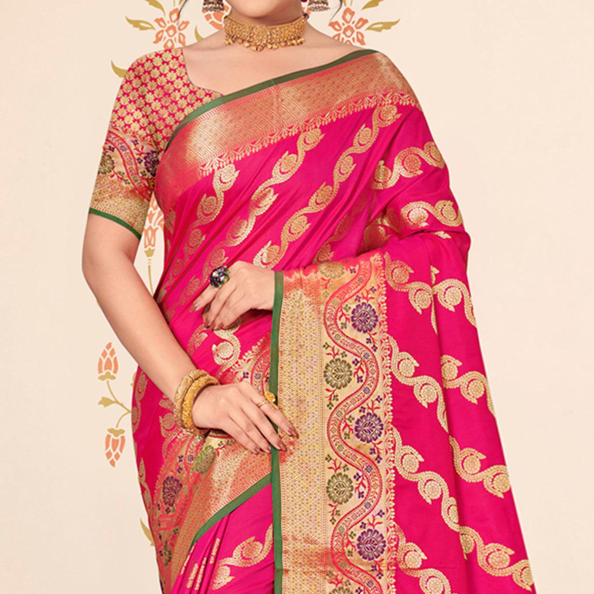 Pink Woven Banarasi Silk Saree - Peachmode