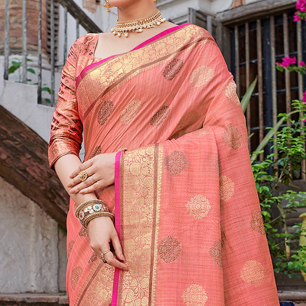 Pink Woven Banarasi Silk Saree - Peachmode