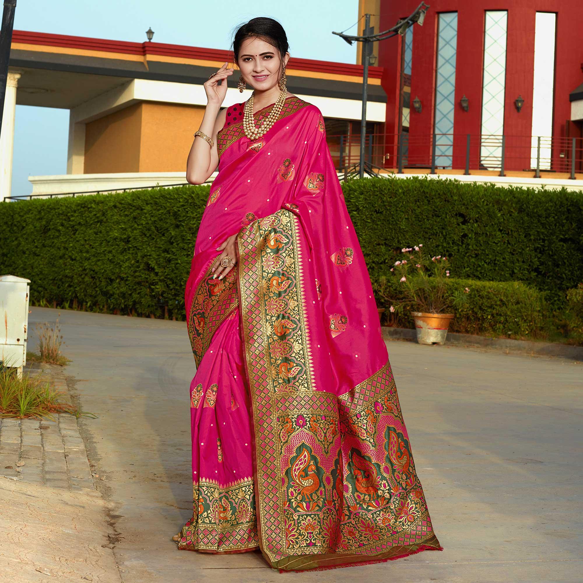 Pink Woven Banarasi Silk Saree - Peachmode