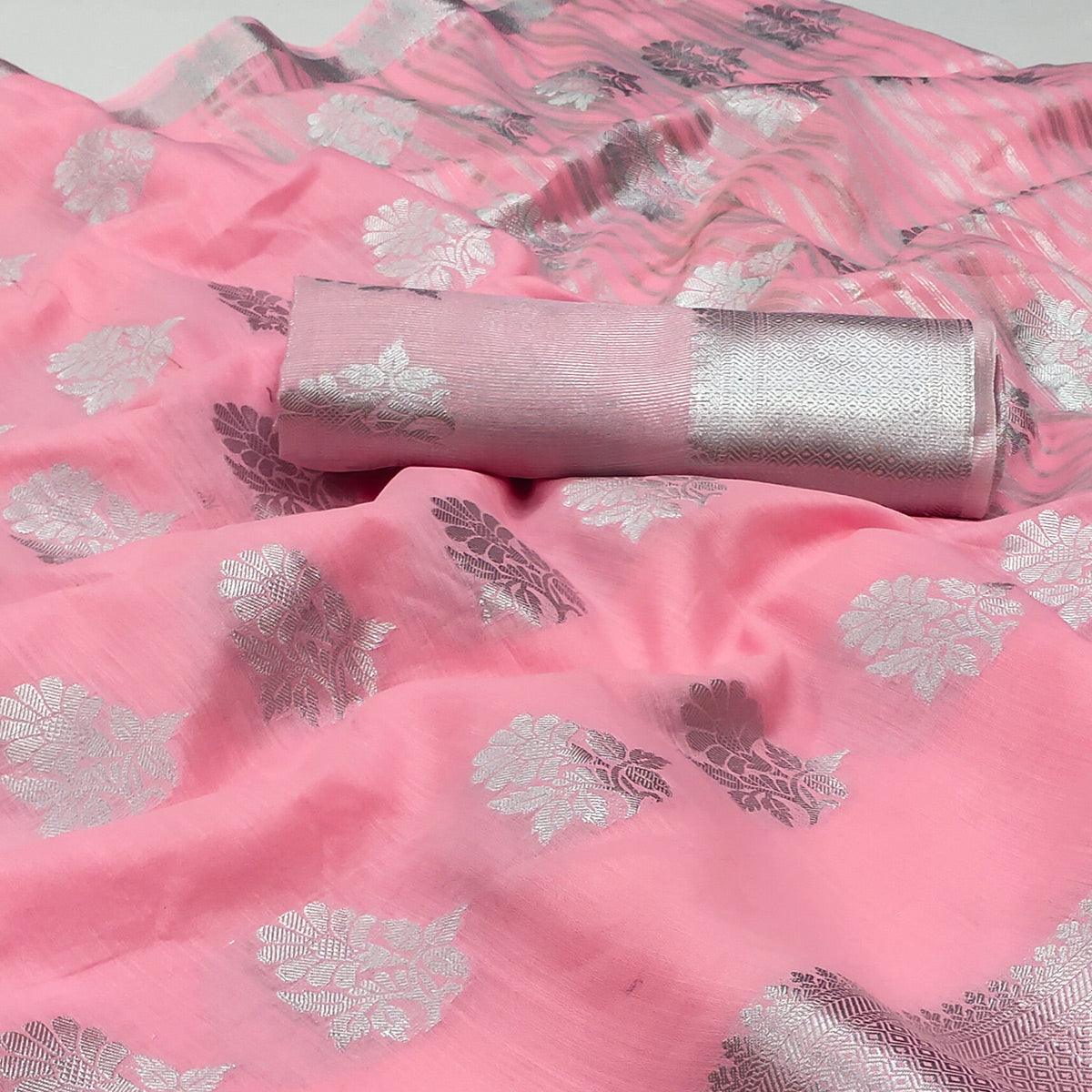 Pink Woven Banarasi Silk Saree - Peachmode