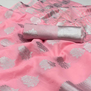 Pink Woven Banarasi Silk Saree - Peachmode