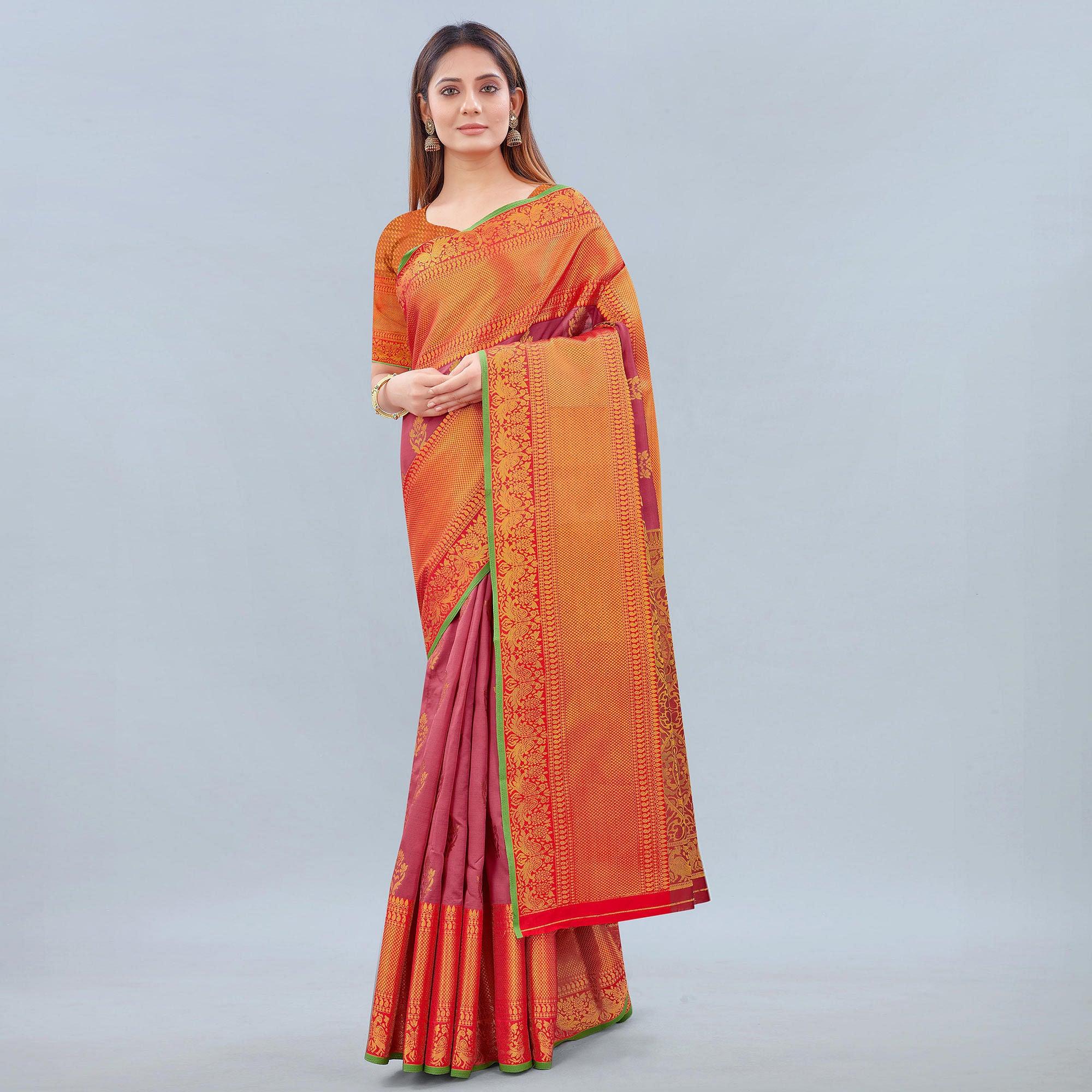 Pink Woven Banarasi Silk Saree - Peachmode