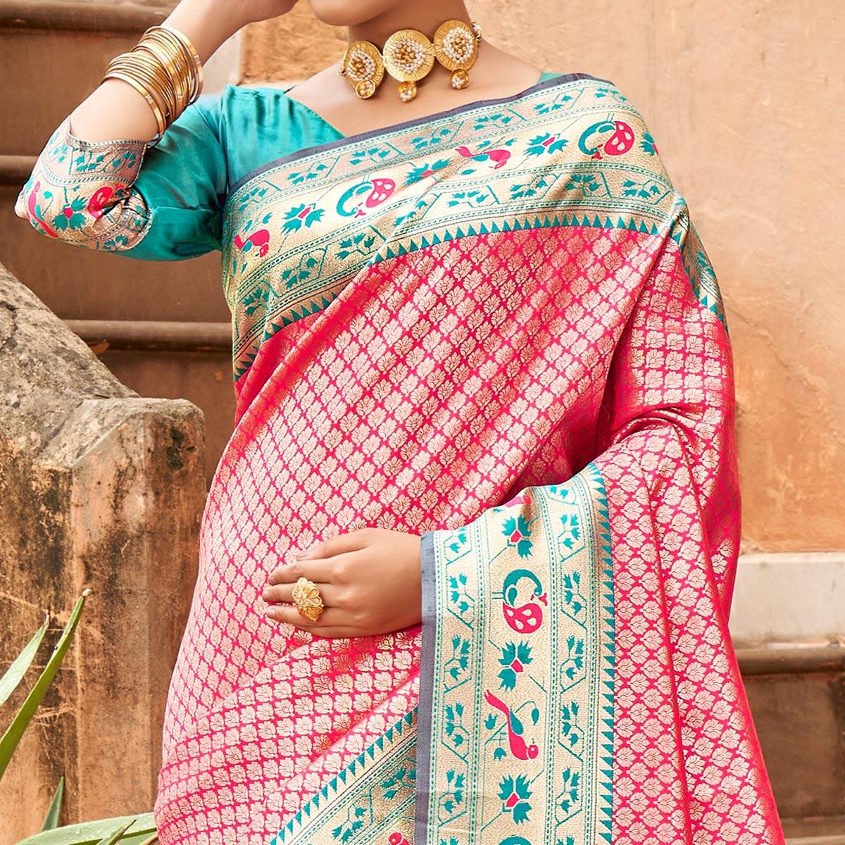 Pink Woven Banarasi Silk Saree - Peachmode