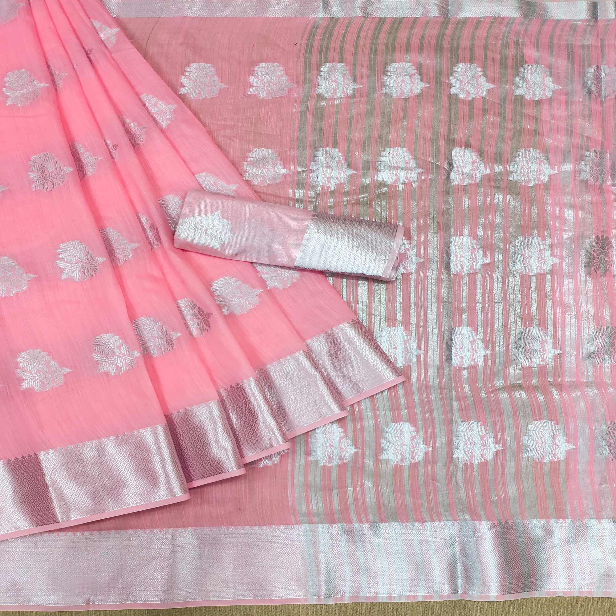 Pink Woven Banarasi Silk Saree - Peachmode