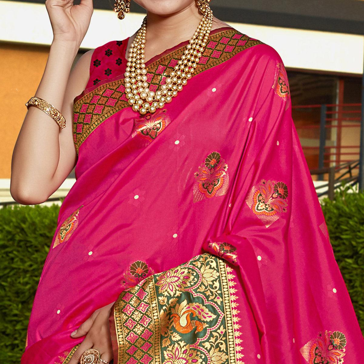 Pink Woven Banarasi Silk Saree - Peachmode