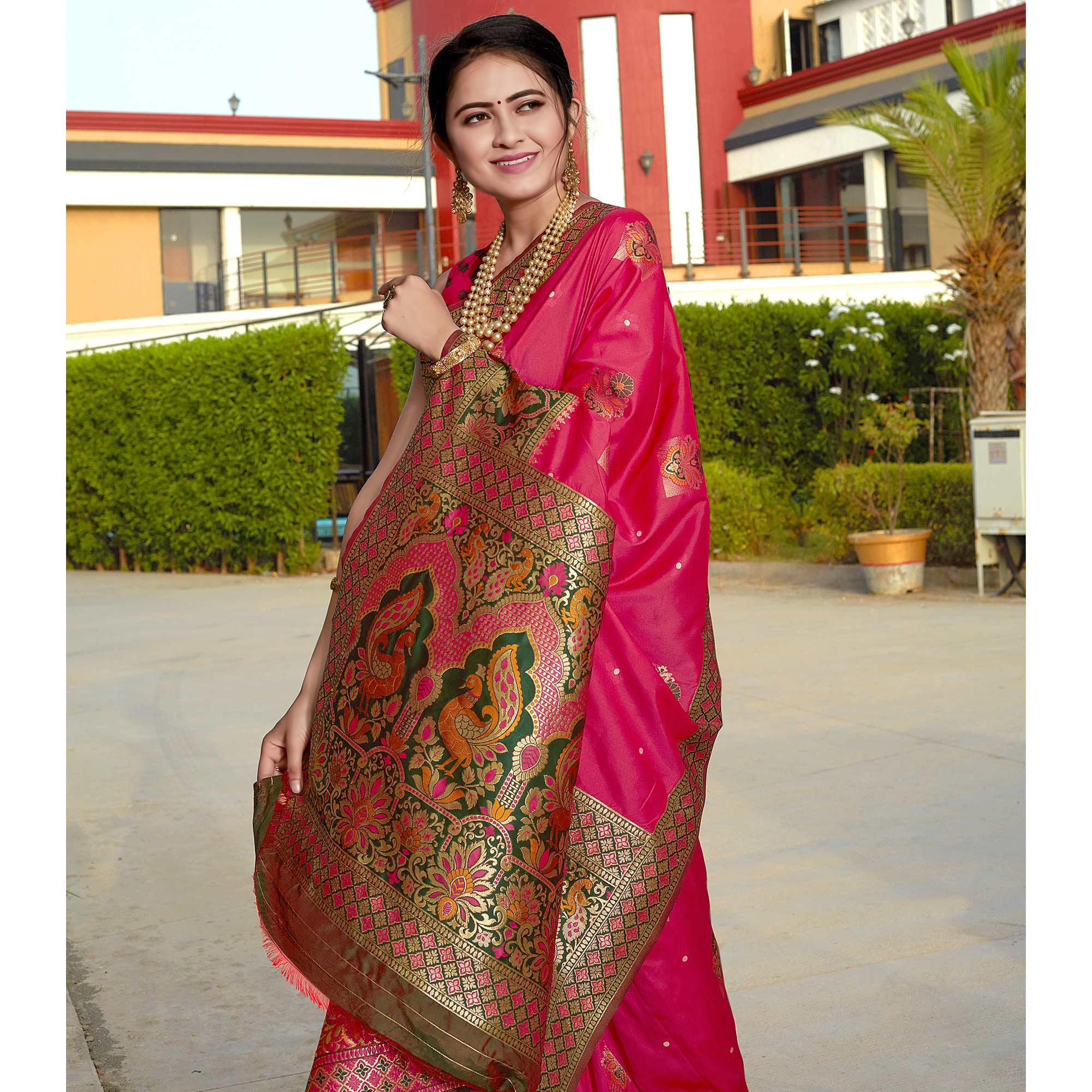 Pink Woven Banarasi Silk Saree - Peachmode