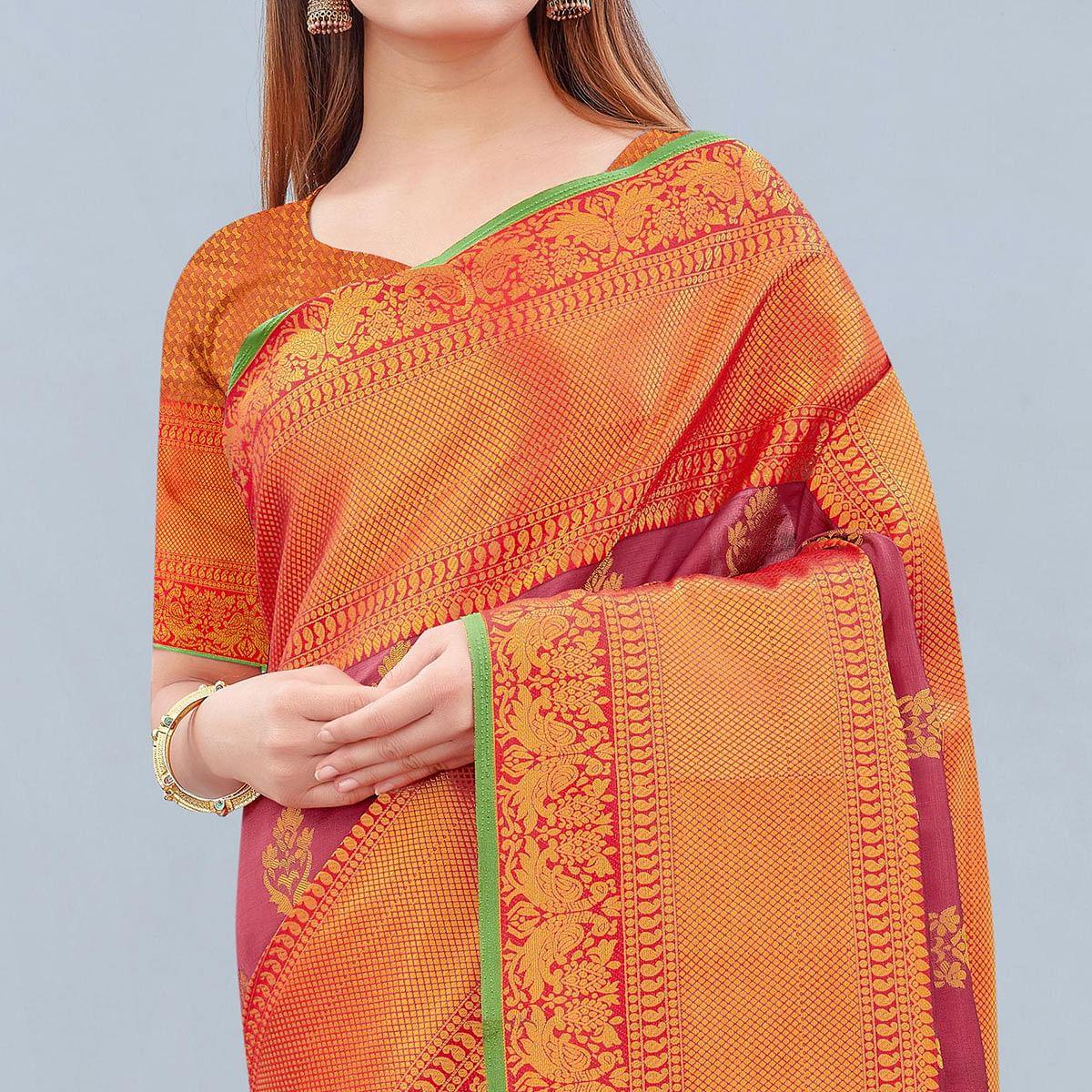 Pink Woven Banarasi Silk Saree - Peachmode