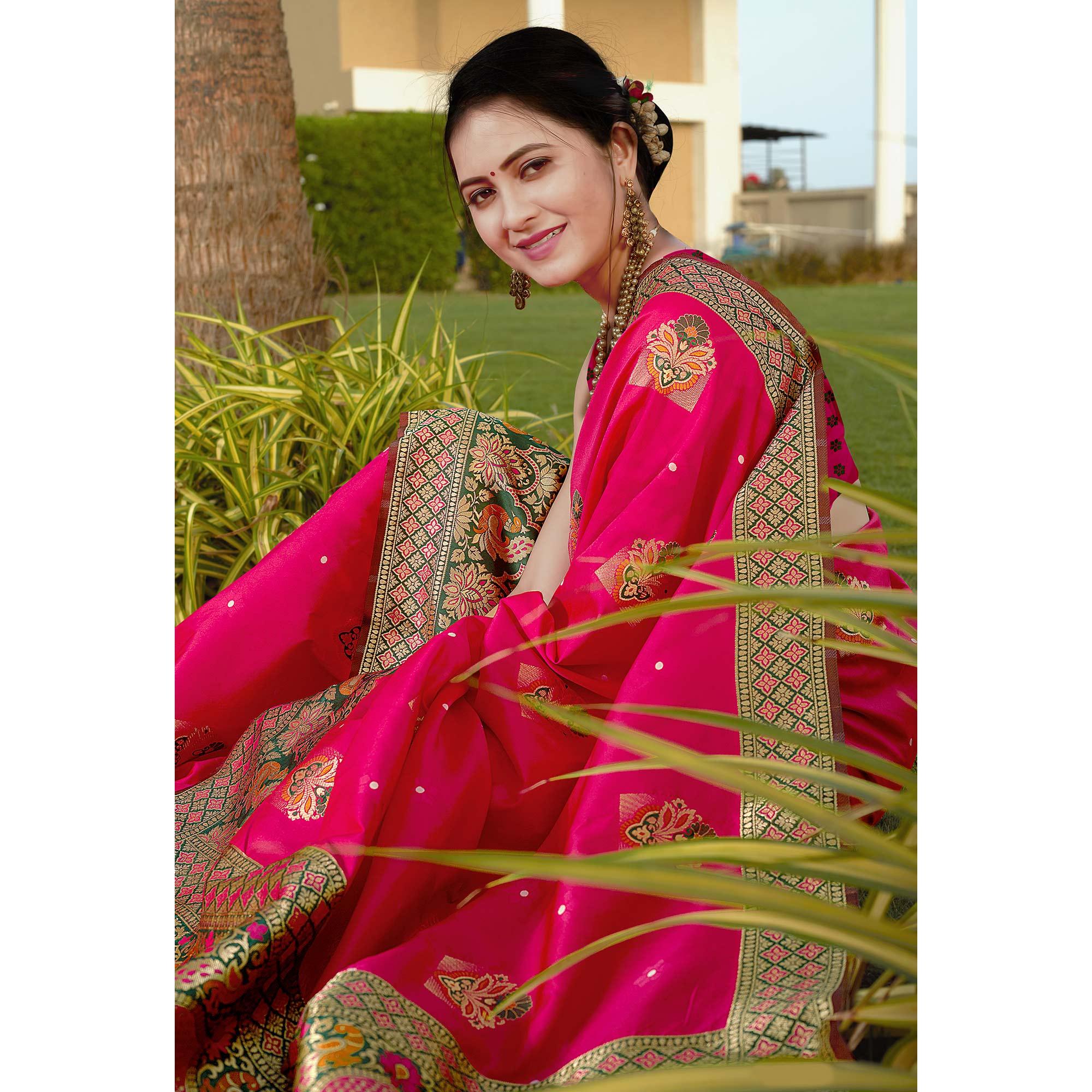 Pink Woven Banarasi Silk Saree - Peachmode