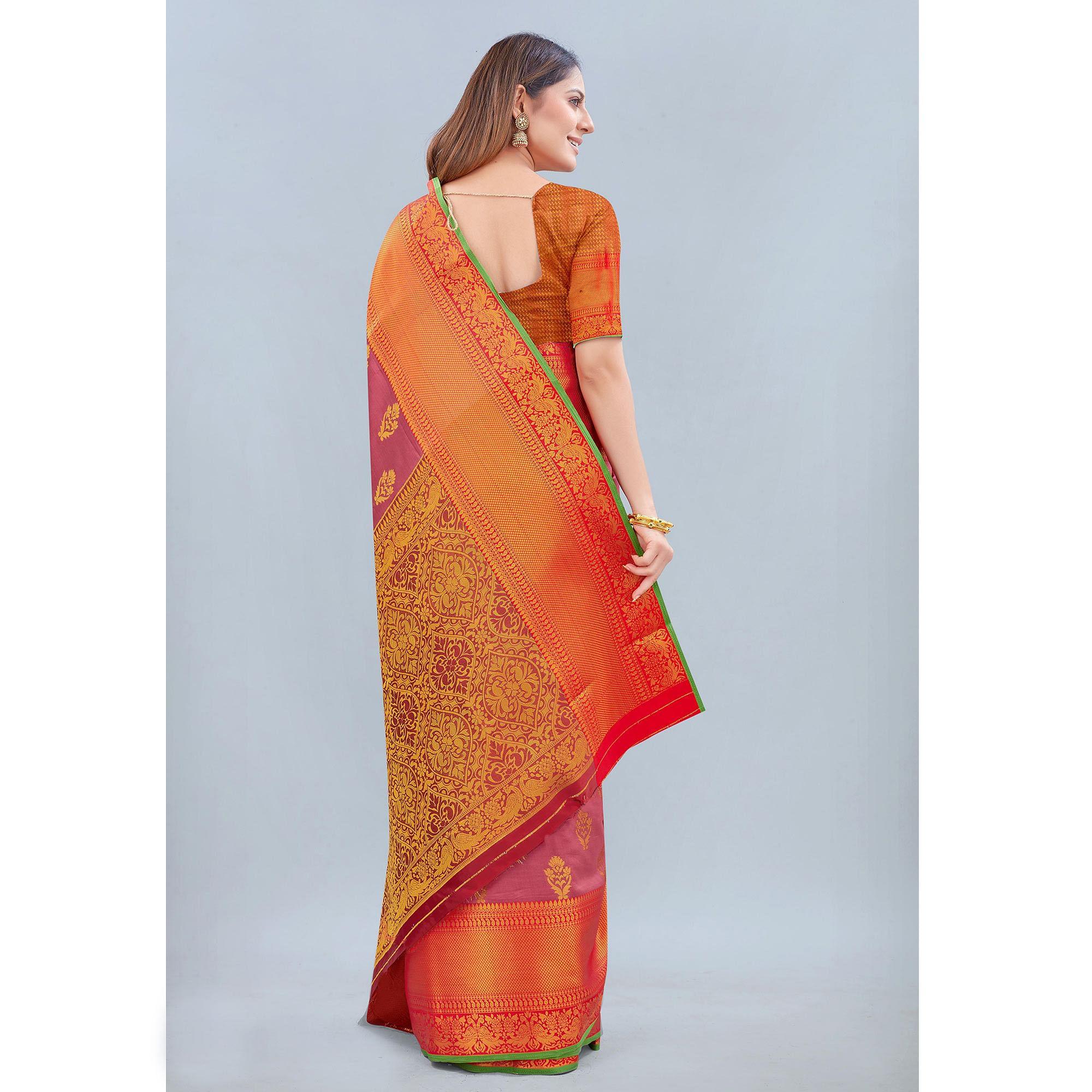 Pink Woven Banarasi Silk Saree - Peachmode