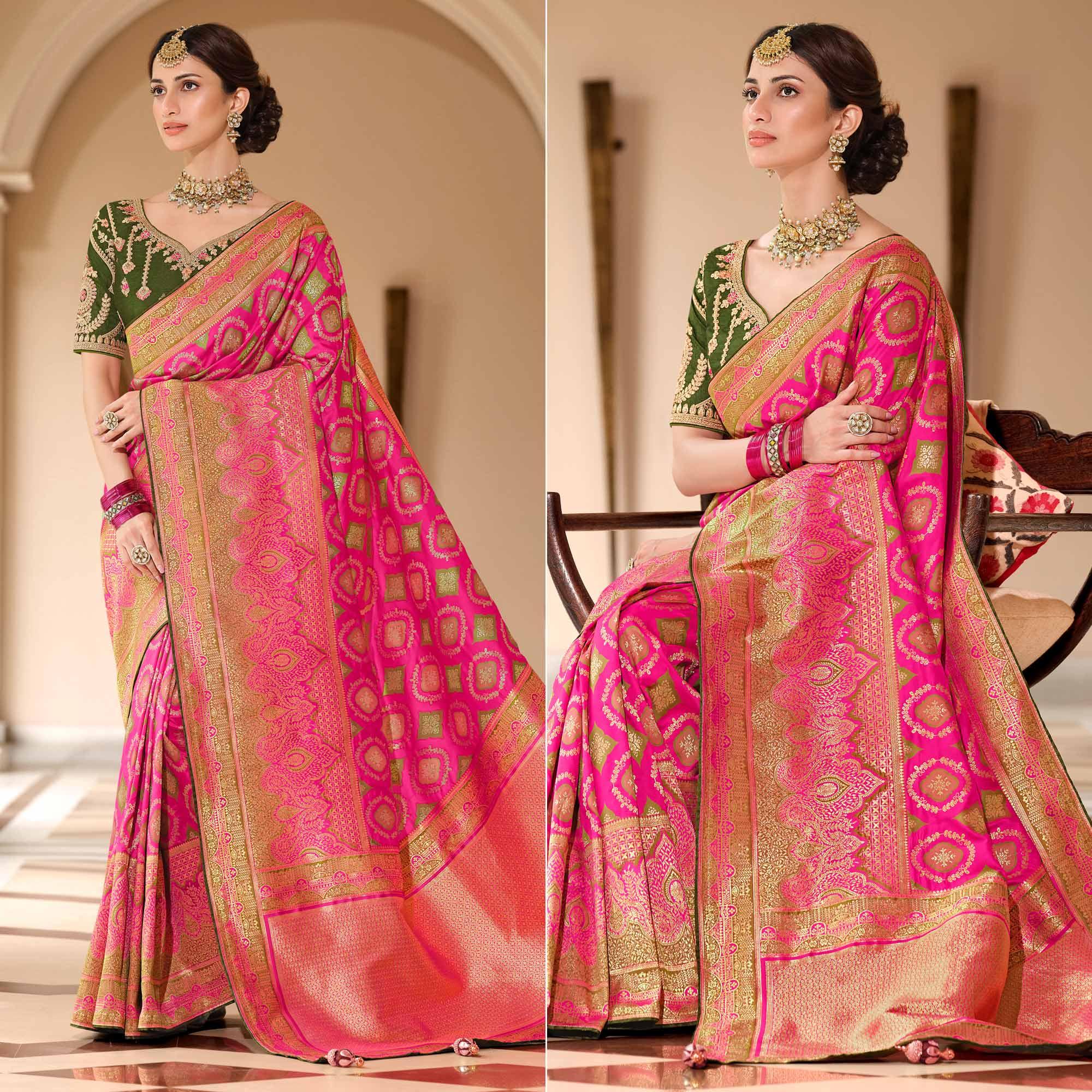 Pink Woven Banarasi Silk Saree With Tassels - Peachmode