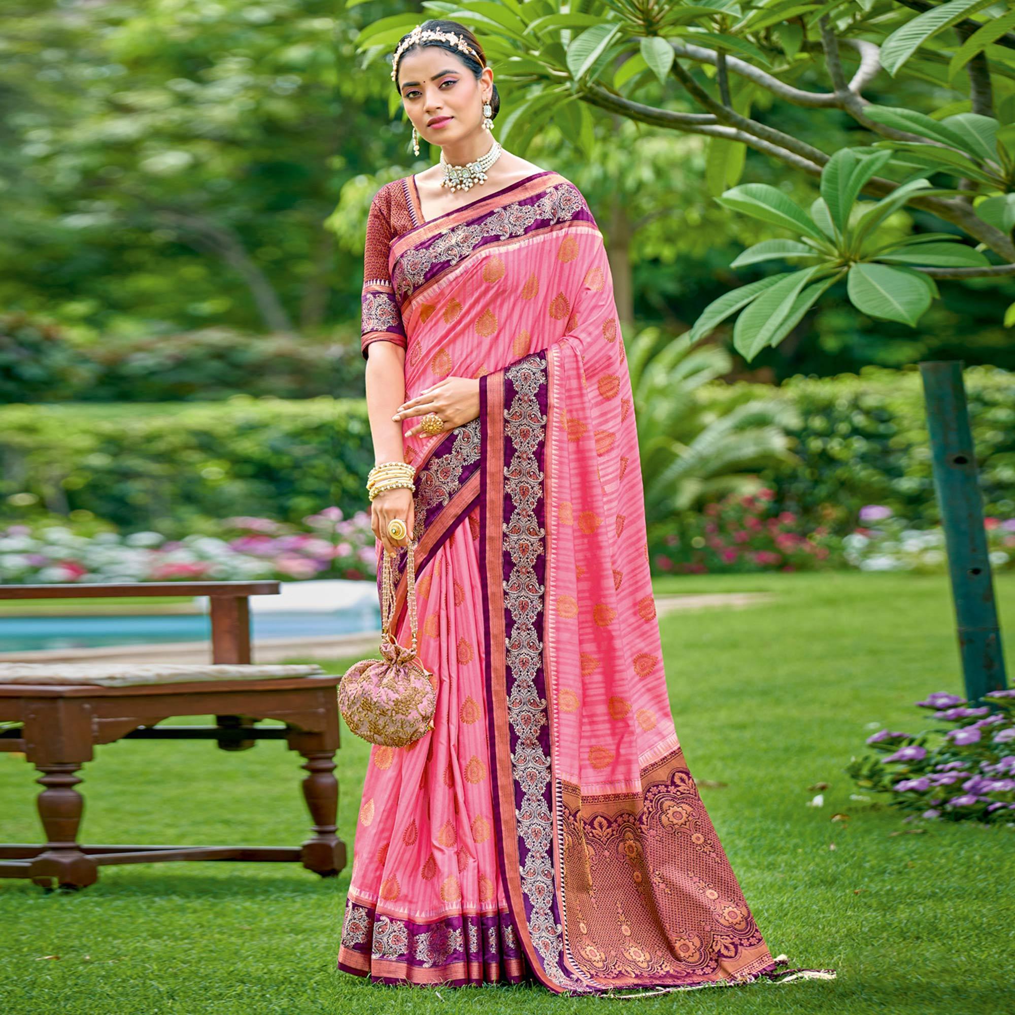 Pink Woven Banarasi Silk Saree With Tassels - Peachmode