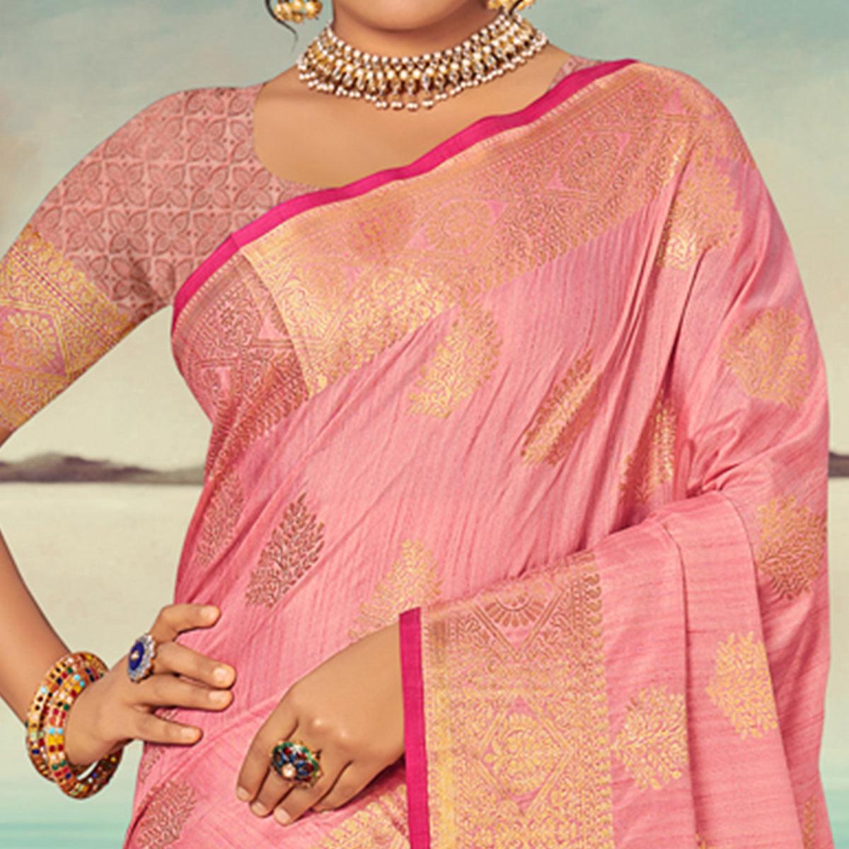 Pink Woven Banarasi Silk Saree With Tassels - Peachmode