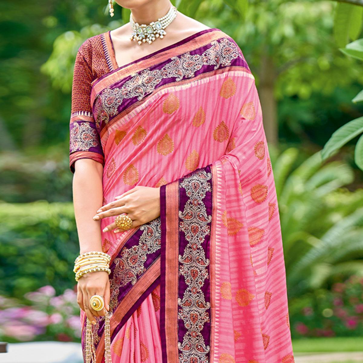 Pink Woven Banarasi Silk Saree With Tassels - Peachmode