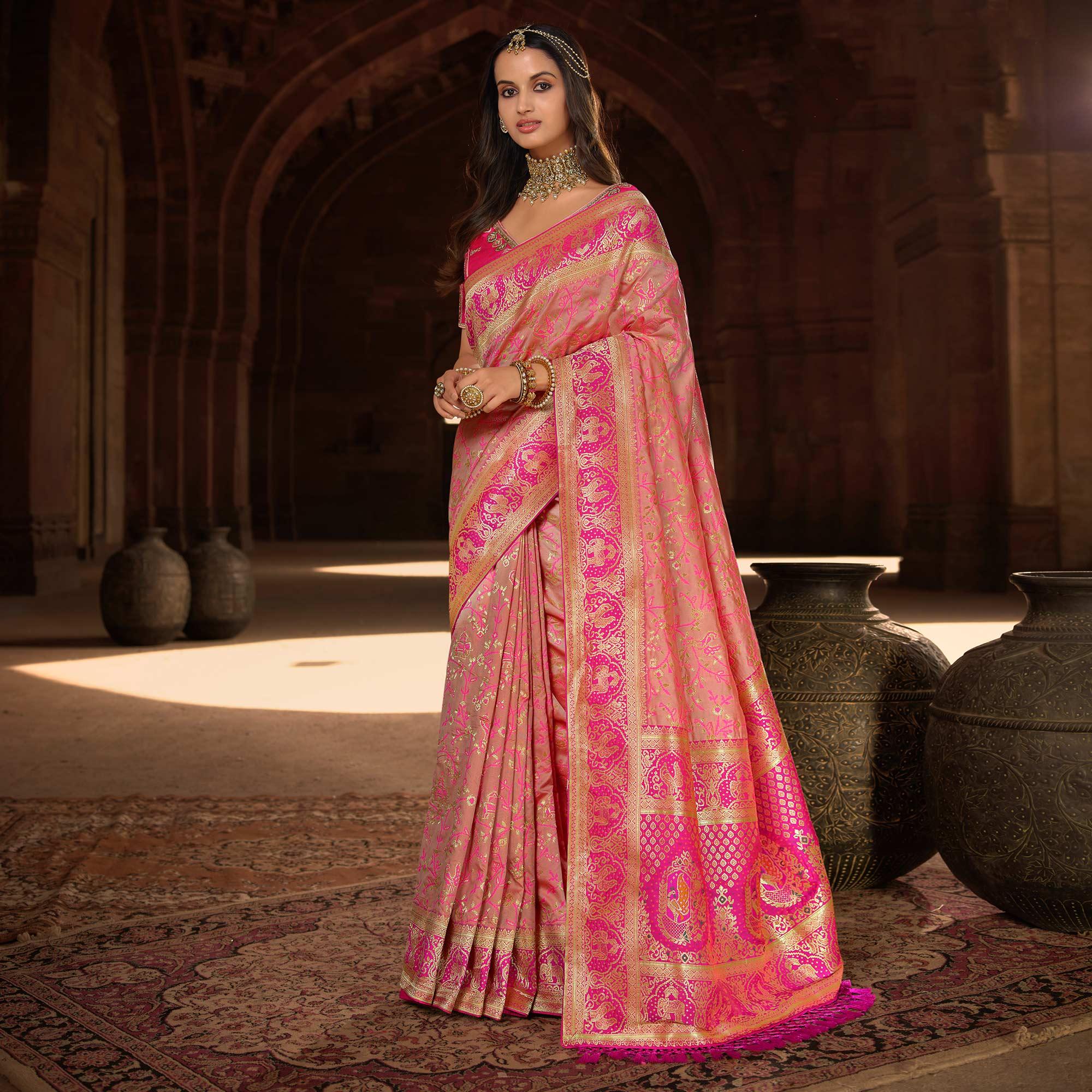 Pink Woven Banarasi Silk Saree With Tassels - Peachmode