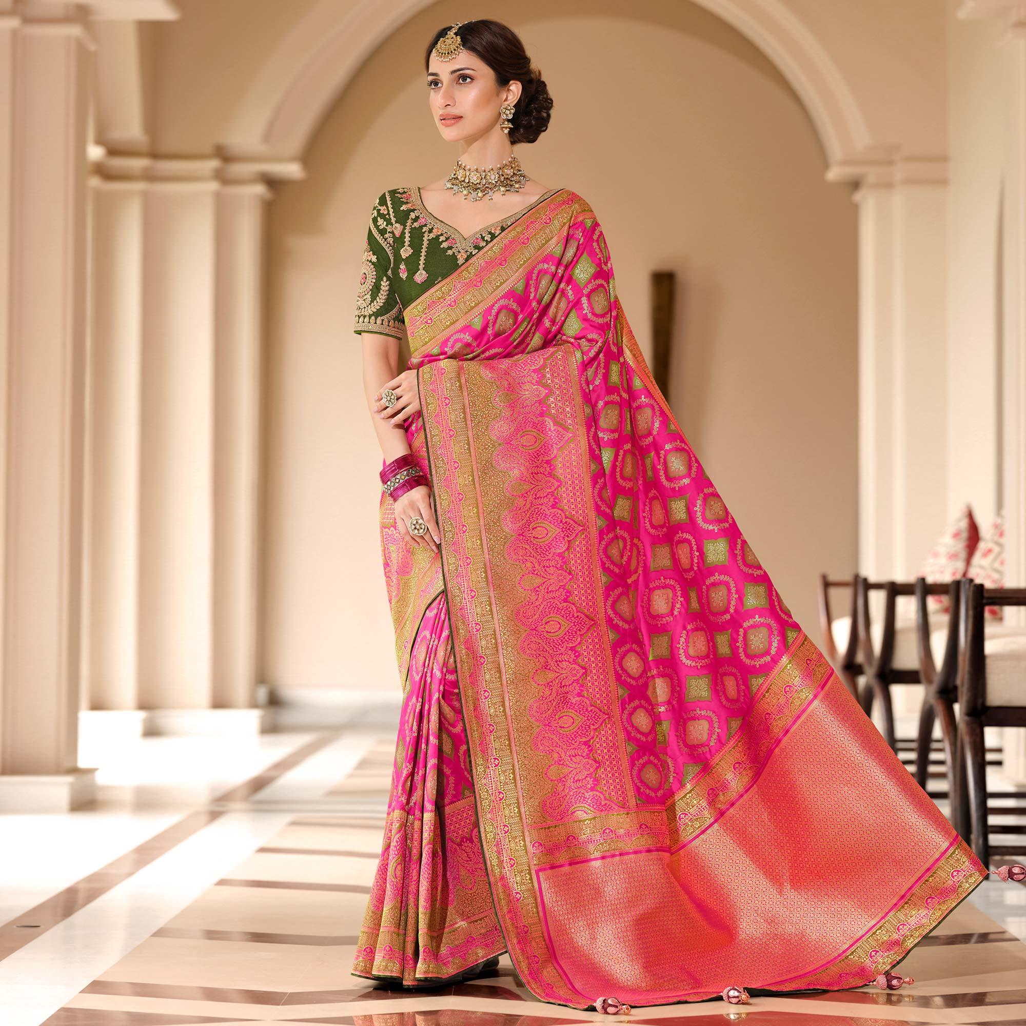 Pink Woven Banarasi Silk Saree With Tassels - Peachmode