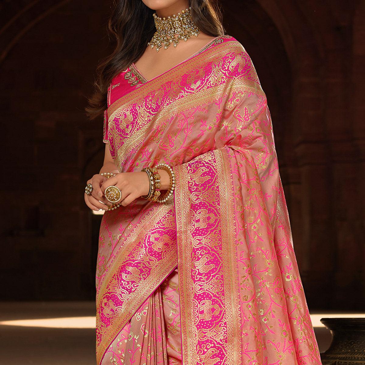 Pink Woven Banarasi Silk Saree With Tassels - Peachmode