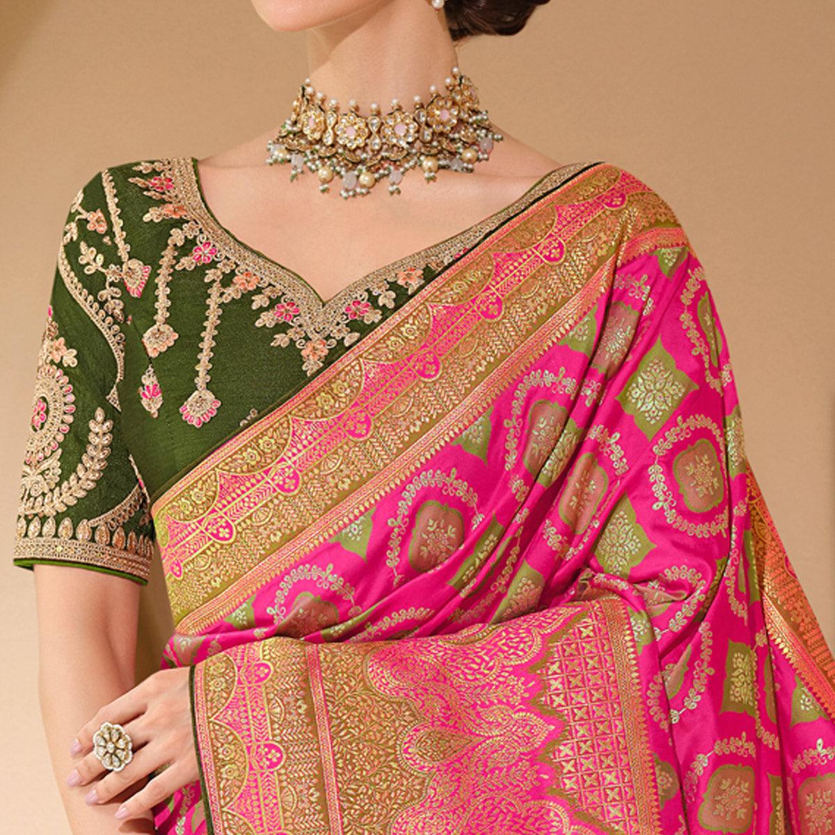 Pink Woven Banarasi Silk Saree With Tassels - Peachmode