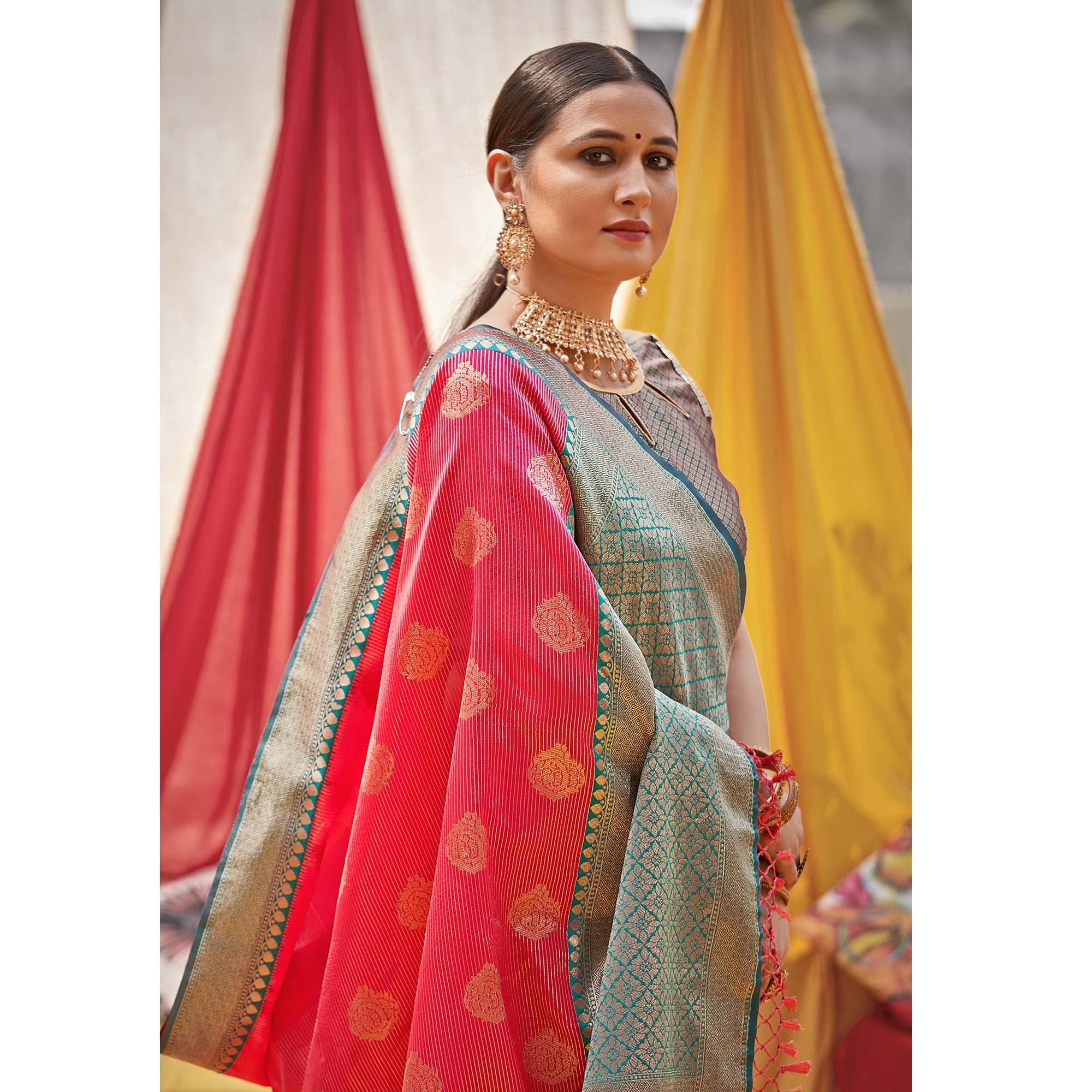 Pink Woven Banarasi Silk Saree With Tassels - Peachmode