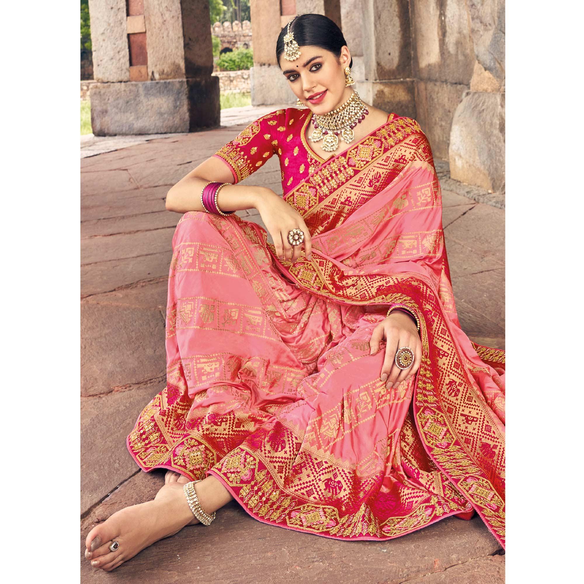 Pink Woven Banarasi Silk Saree With Tassels - Peachmode