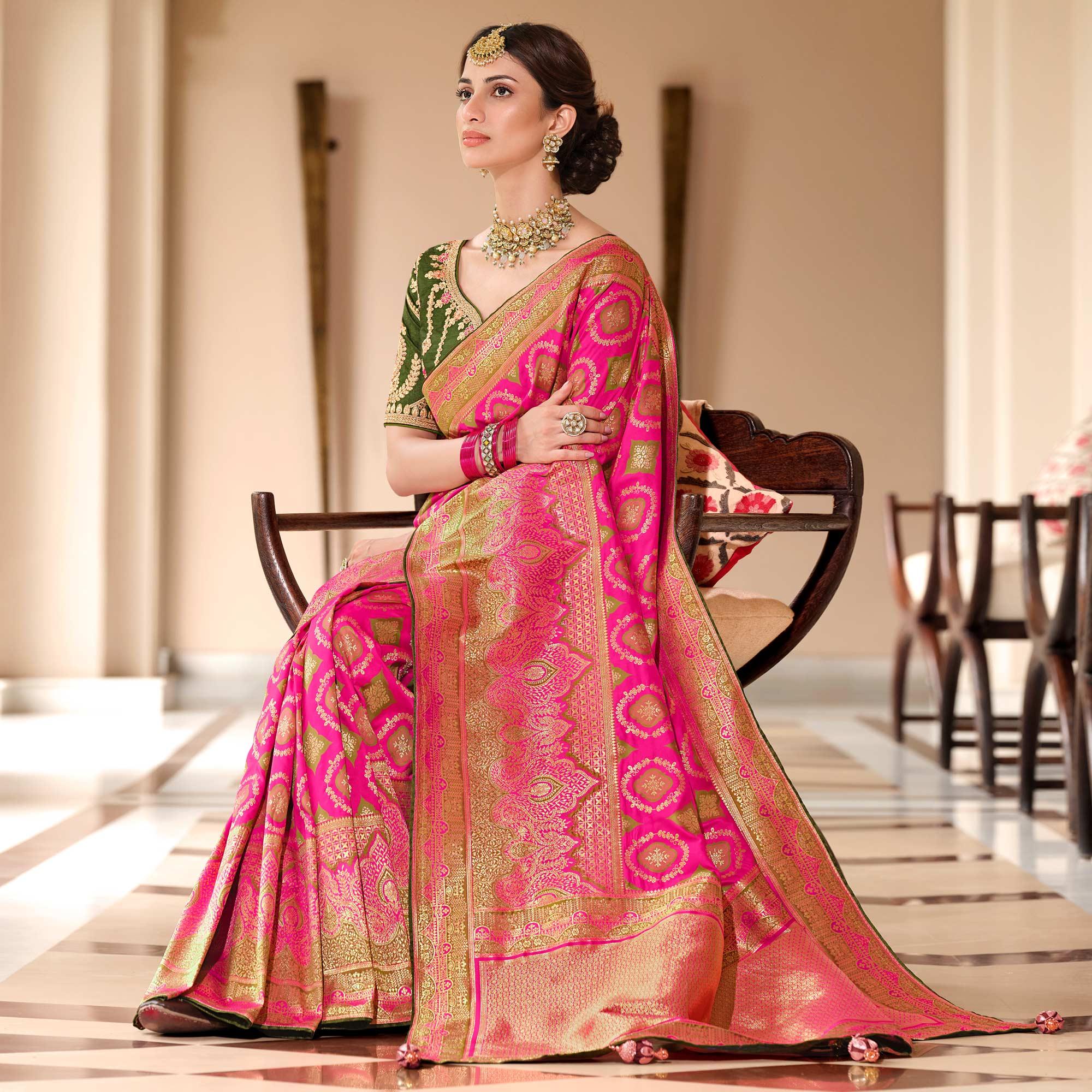 Pink Woven Banarasi Silk Saree With Tassels - Peachmode