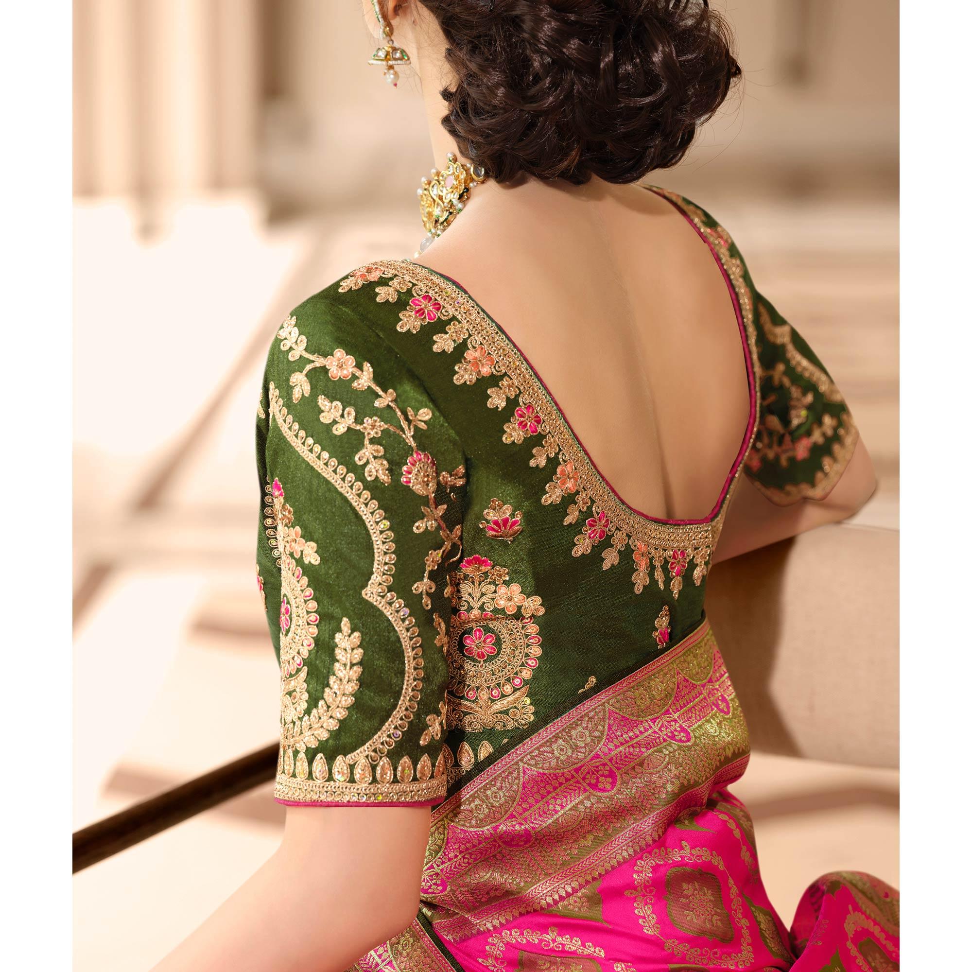 Pink Woven Banarasi Silk Saree With Tassels - Peachmode