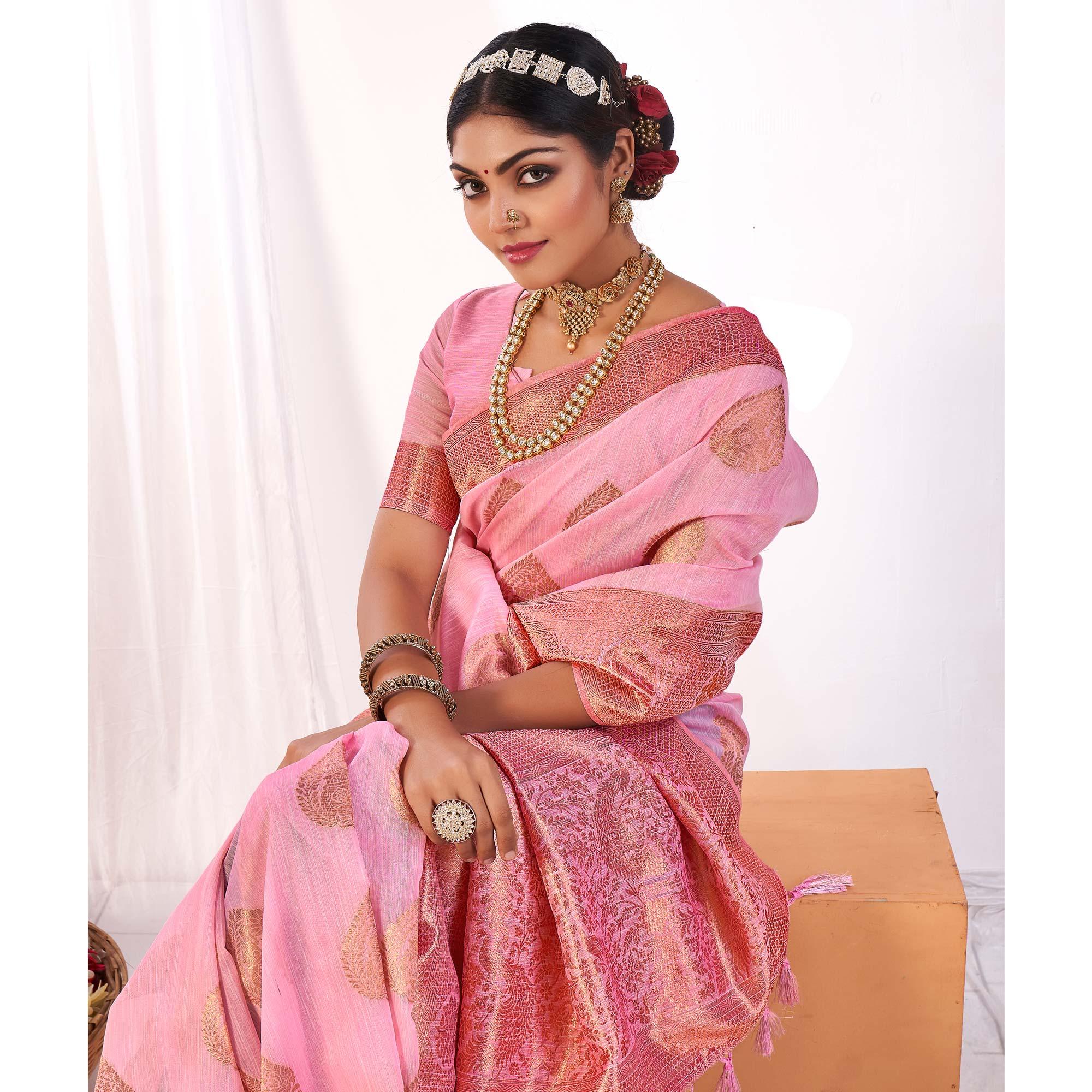 Pink Woven Banarasi Style Linen Saree - Peachmode