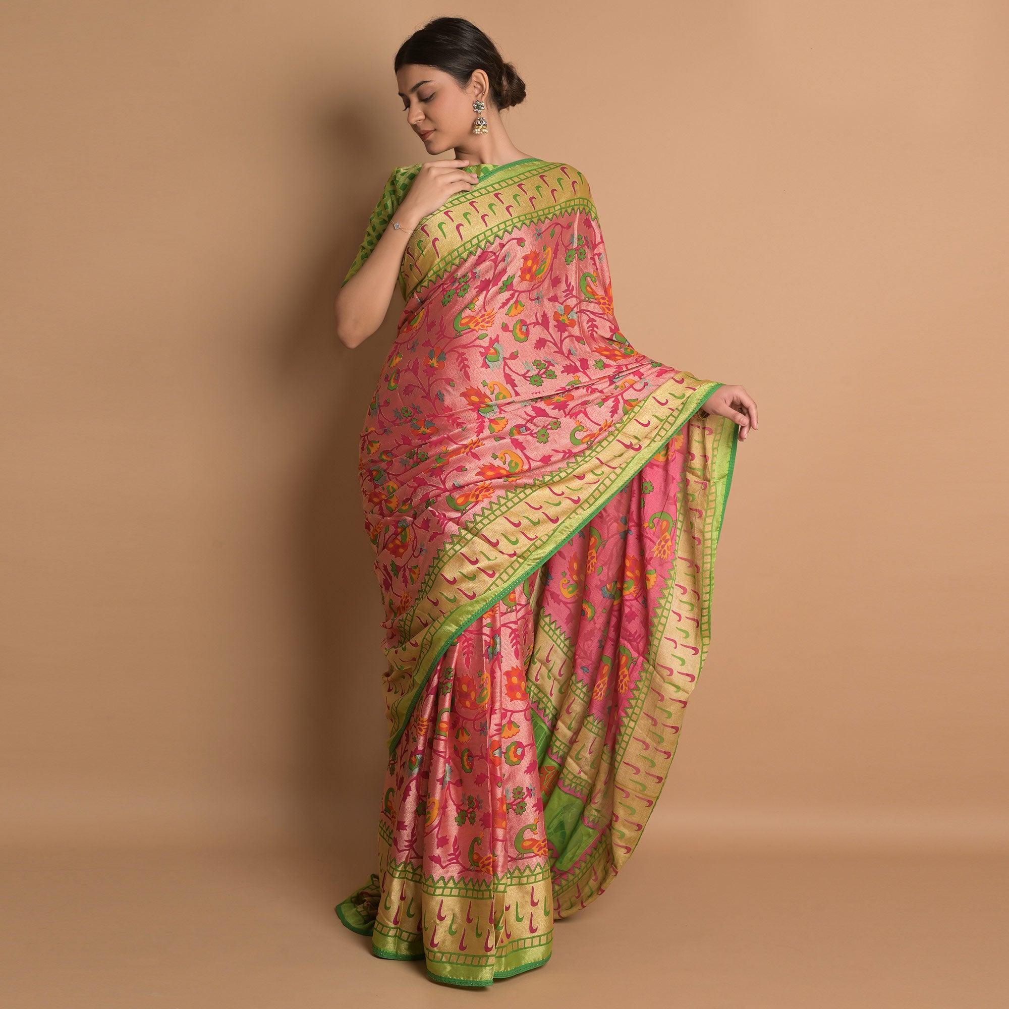 Pink Woven Brasso Saree - Peachmode
