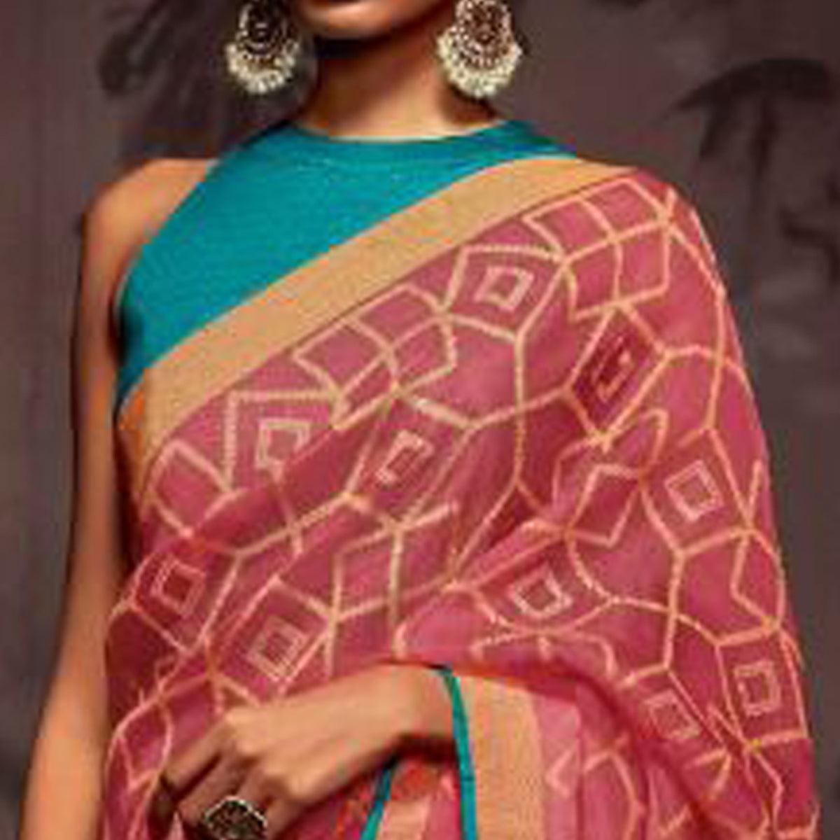Pink Woven Brasso Saree With Tassels - Peachmode