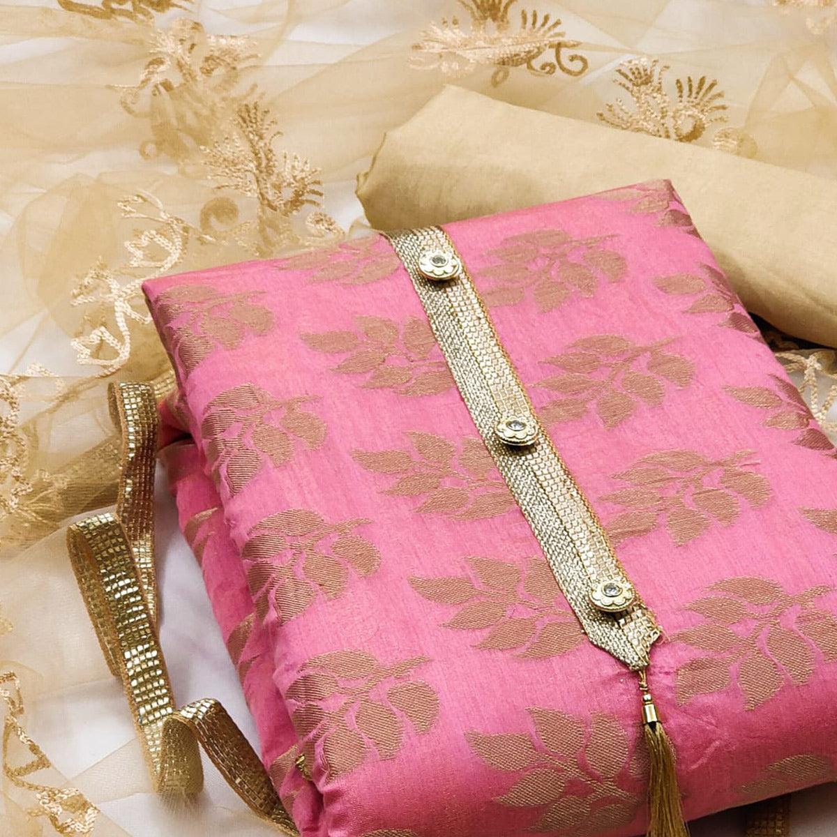 Pink Woven Chanderi Dress Material - Peachmode