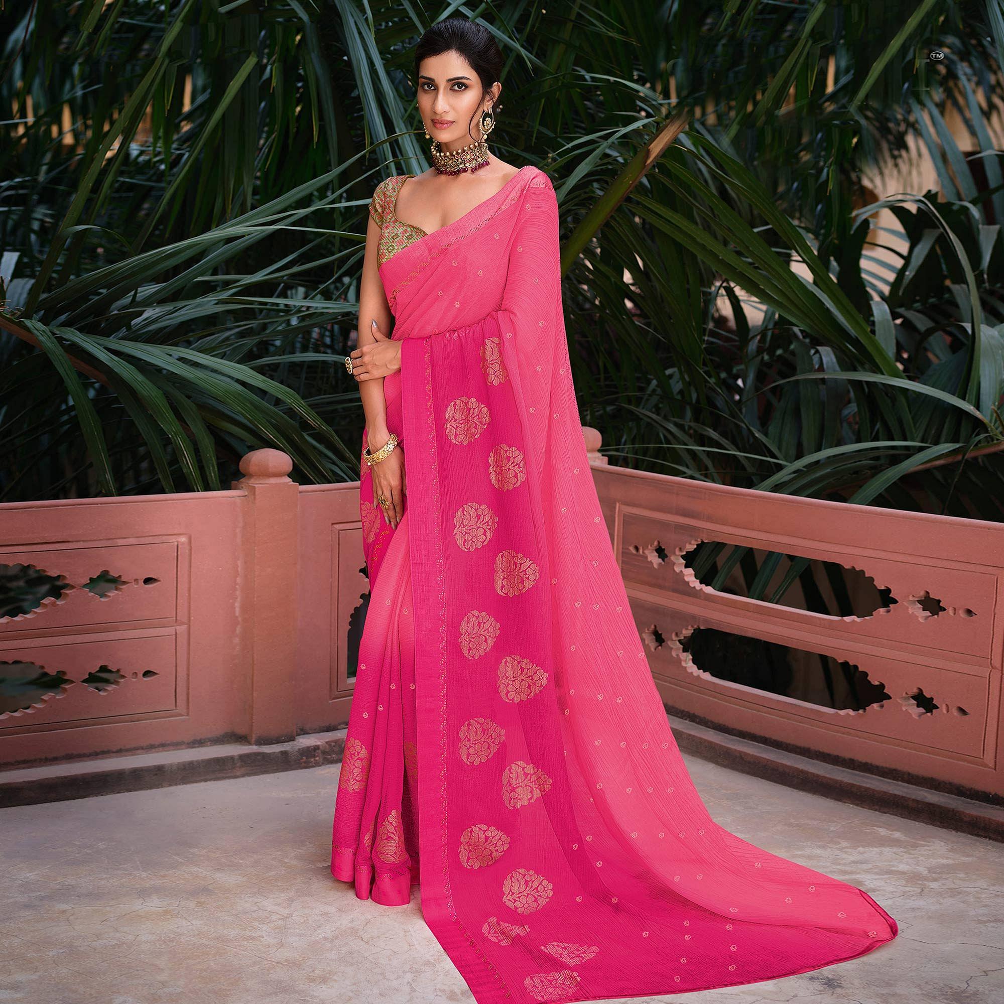 Pink Woven Chiffon Saree - Peachmode