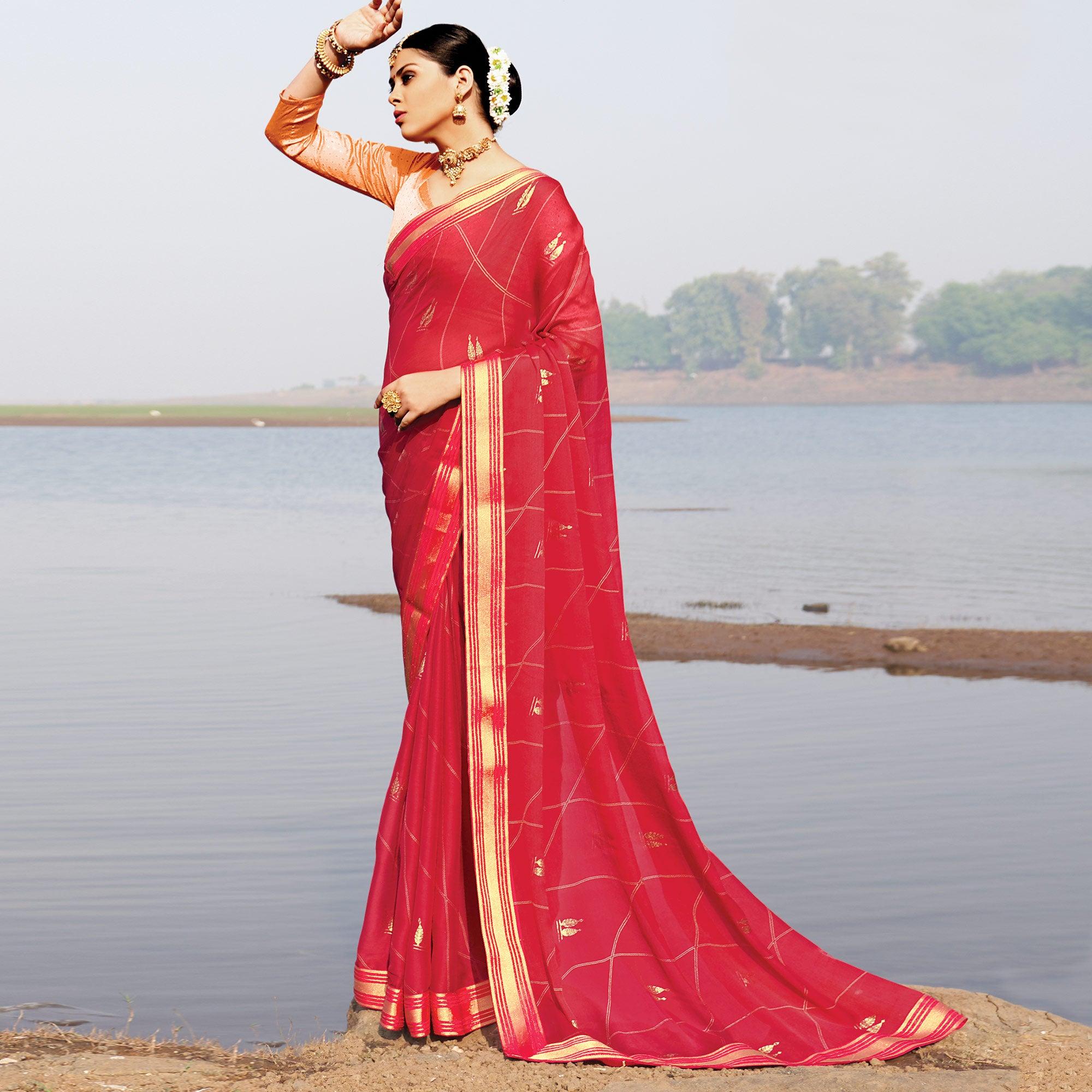 Pink Woven Chiffon Saree - Peachmode