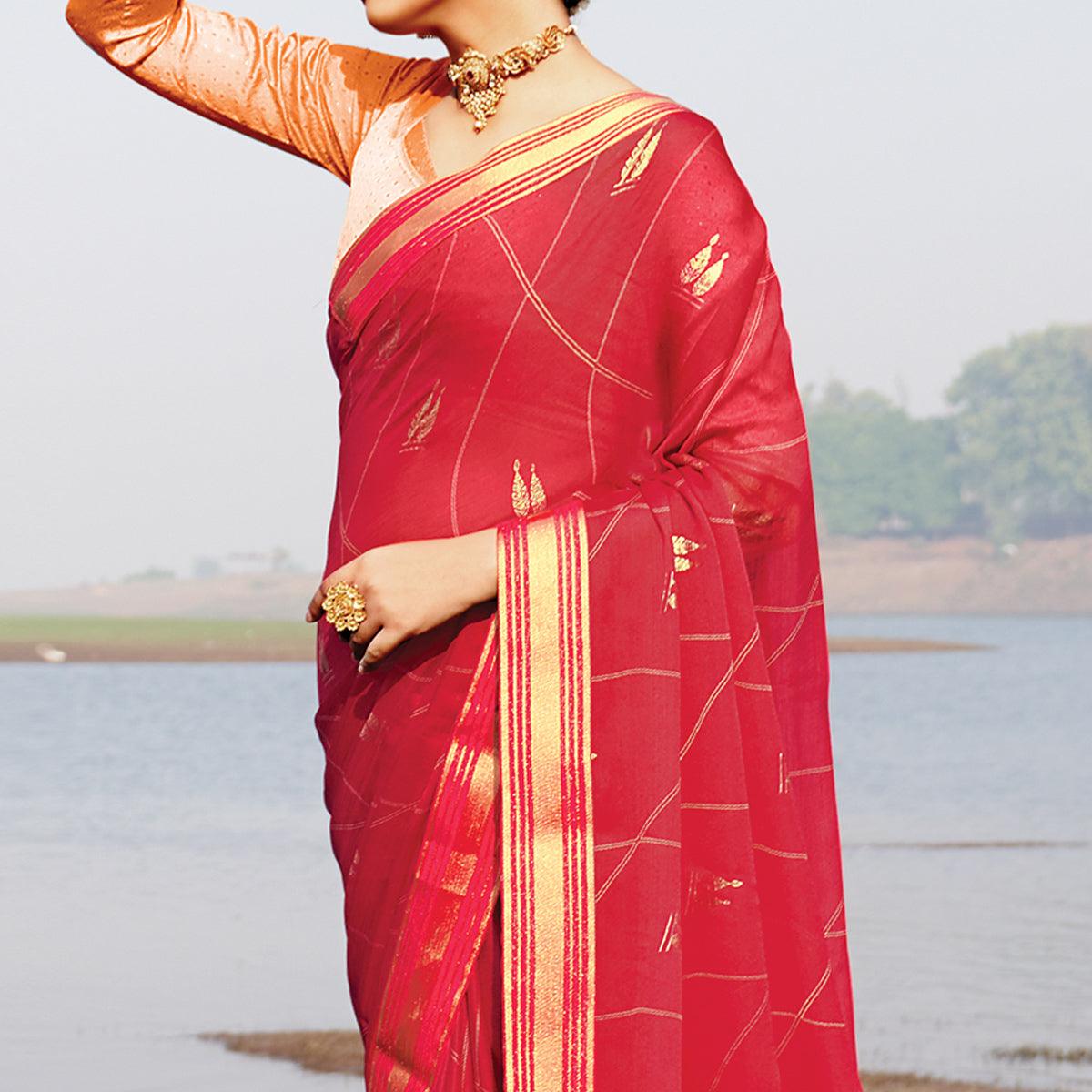 Pink Woven Chiffon Saree - Peachmode